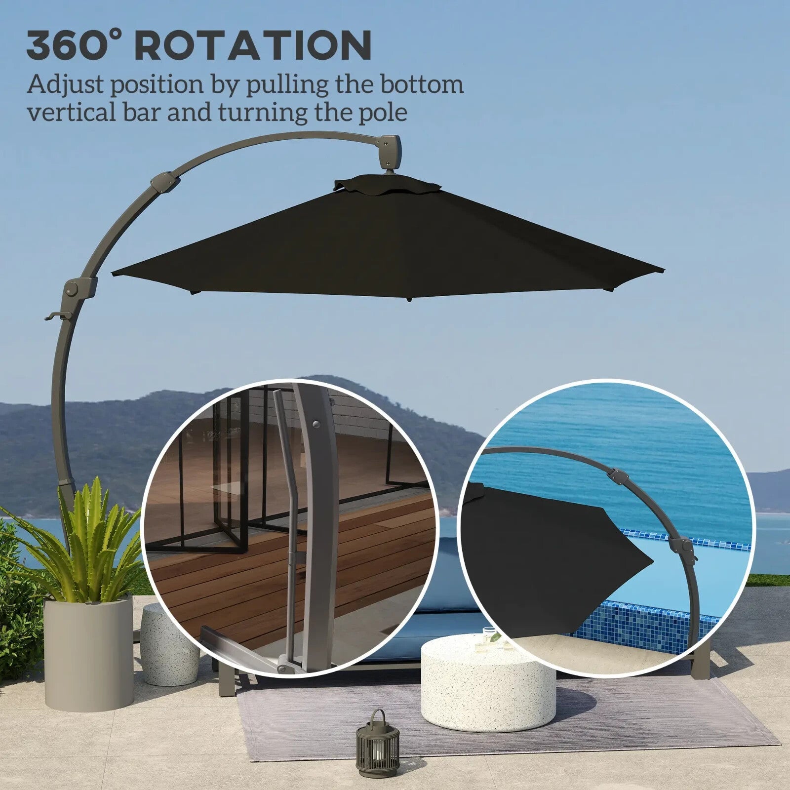 3m Garden Cantilever Parasol Overhanging Umbrella with Crank Handle & Base Black - Home and Garden Furniture Shop - rustic - furniture
