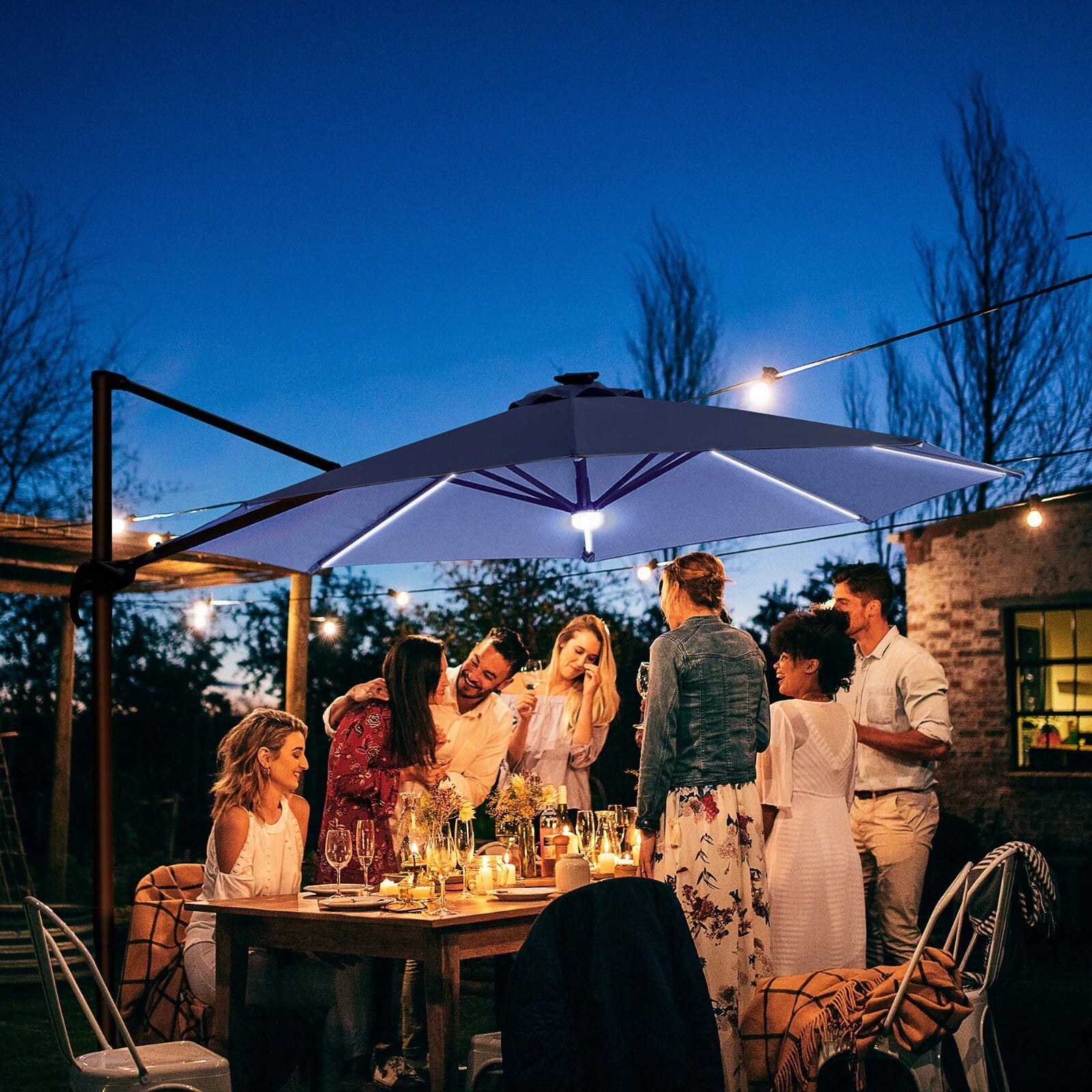 3m LED Cantilever Garden Parasol with Solar Lights and Cross Base 2.92x2.92x2.4m - Home and Garden Furniture Shop - rustic - furniture