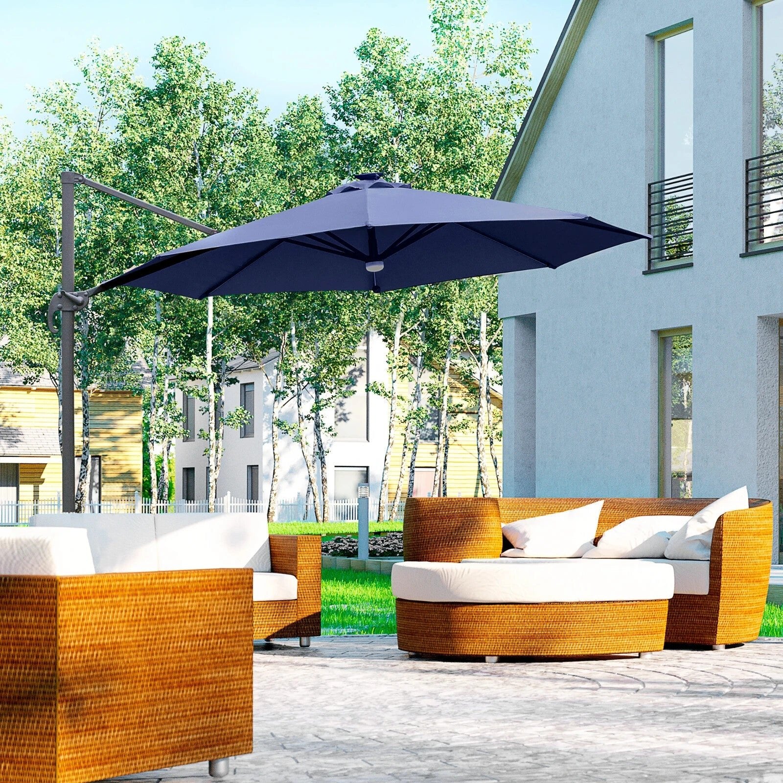 3m LED Cantilever Garden Parasol with Solar Lights and Cross Base 2.92x2.92x2.4m - Home and Garden Furniture Shop - rustic - furniture