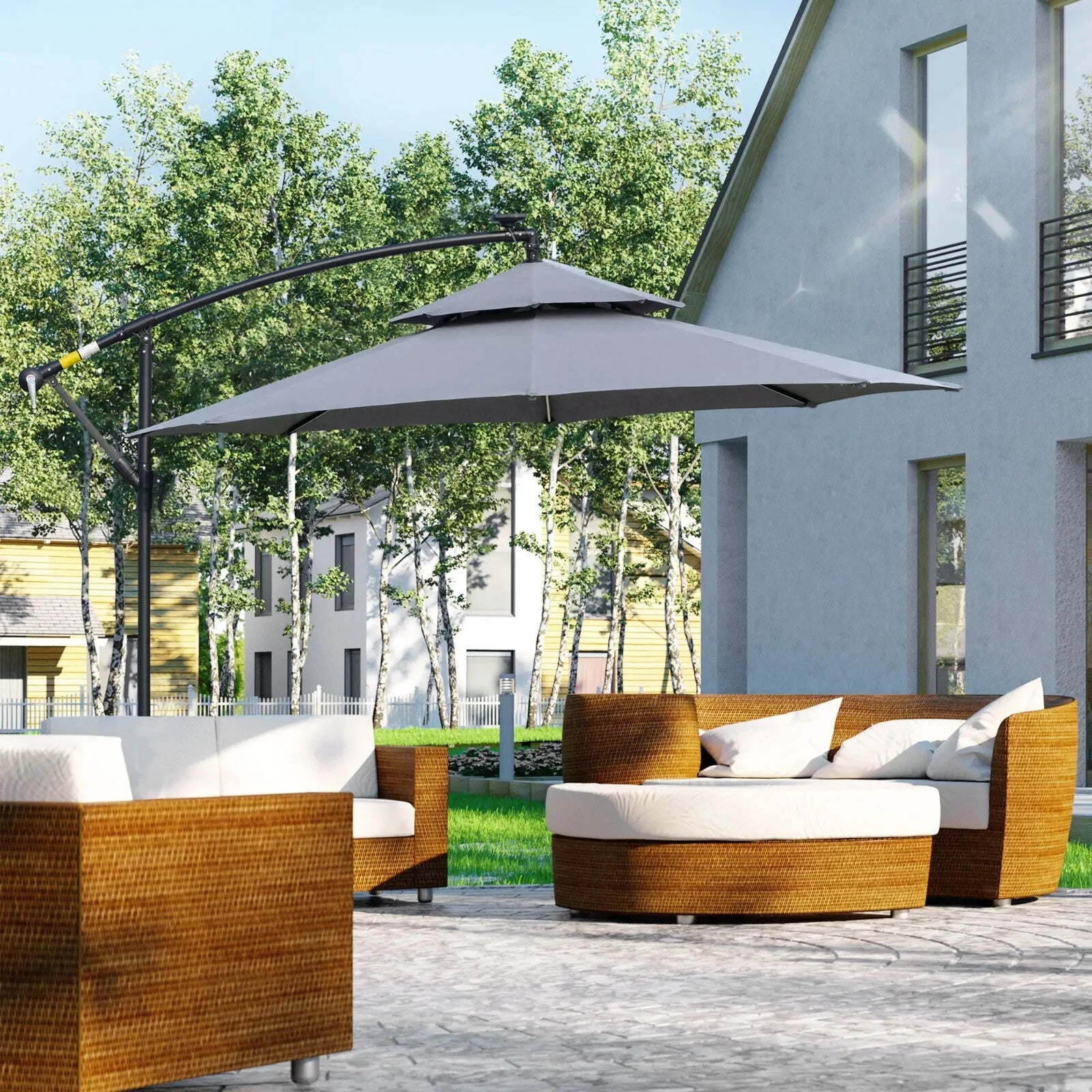 3m LED Cantilever Parasol Banana Hanging Umbrella with Solar Lights and Crank - Home and Garden Furniture Shop - rustic - furniture