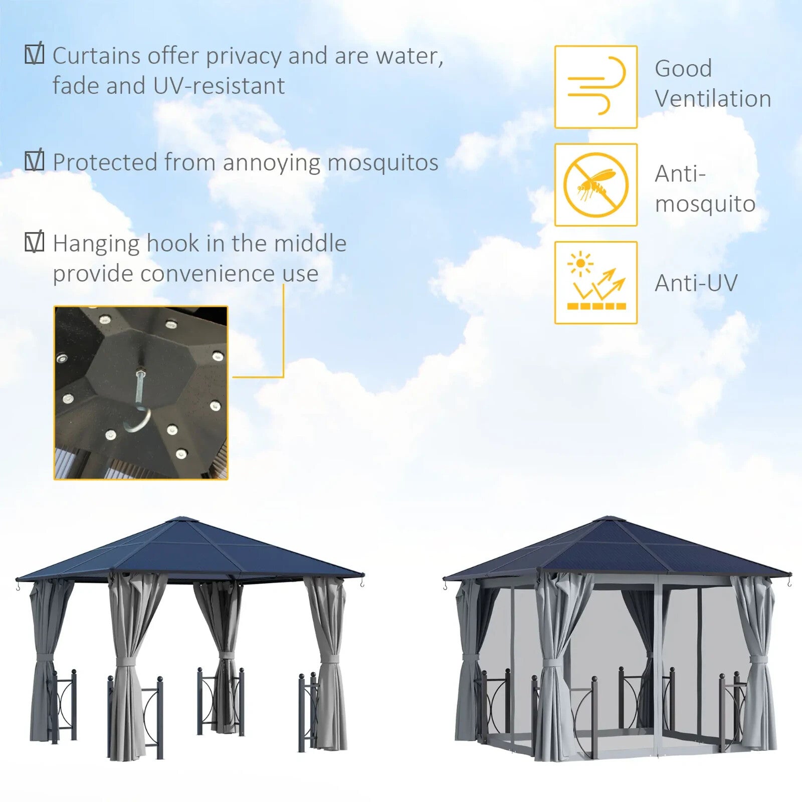 3m x 3m Aluminium Garden Gazebo with Curtains Outdoor Patio Shelter Canopy Grey - Home and Garden Furniture Shop - rustic - furniture