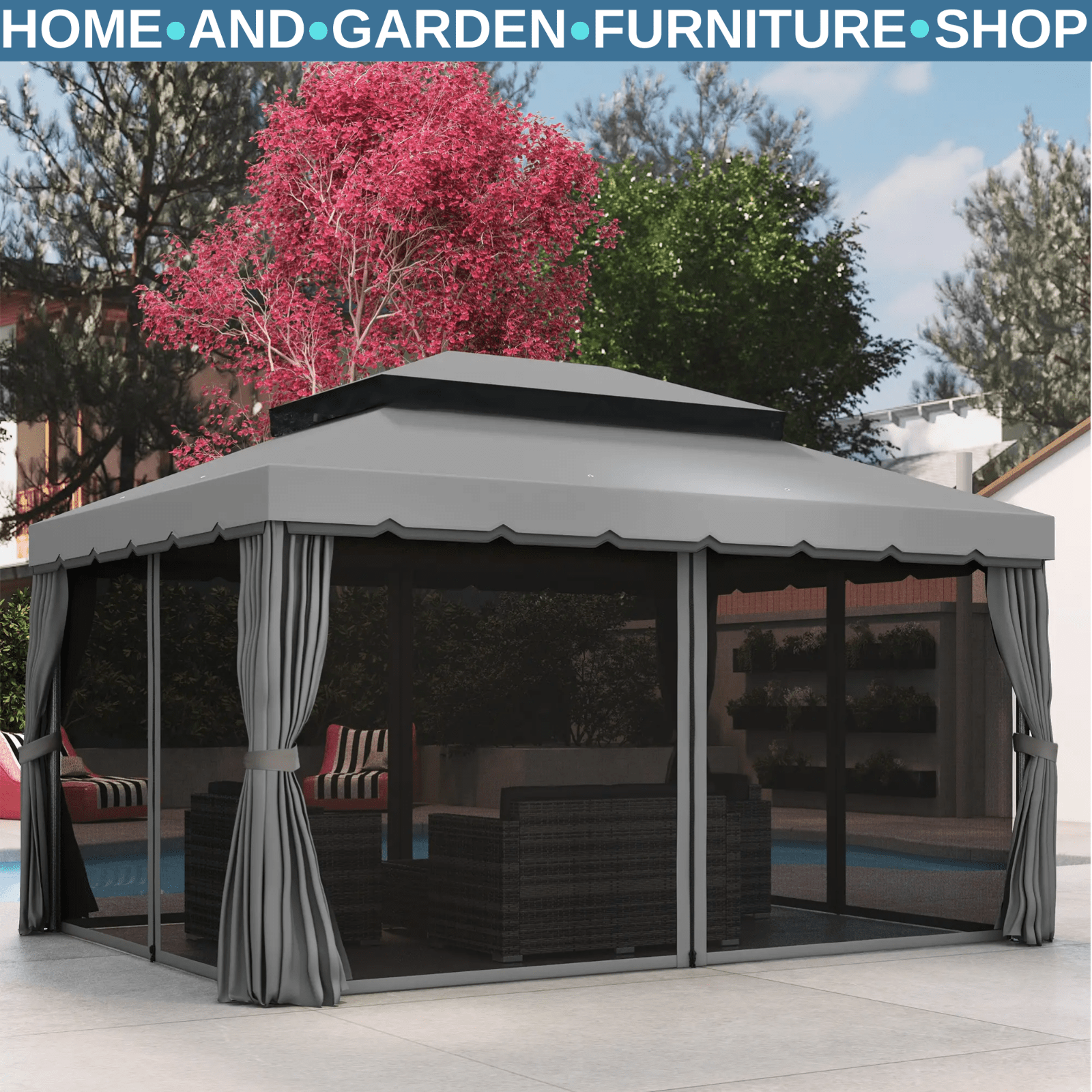 3m x 4m 2 Tier Garden Gazebo Heavy Duty Aluminium Marquee Party Tent Light Grey - Home and Garden Furniture Shop - #rustic - furniture#