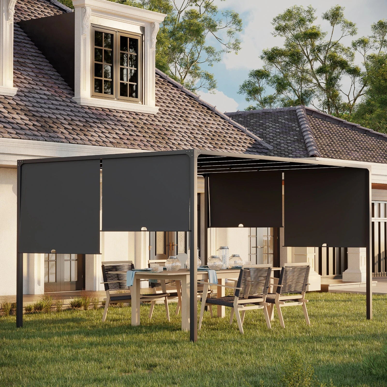 3m x 4m Metal Garden Pergola with Retractable Roof and Solar LED Lights for BBQ - Home and Garden Furniture Shop - rustic - furniture