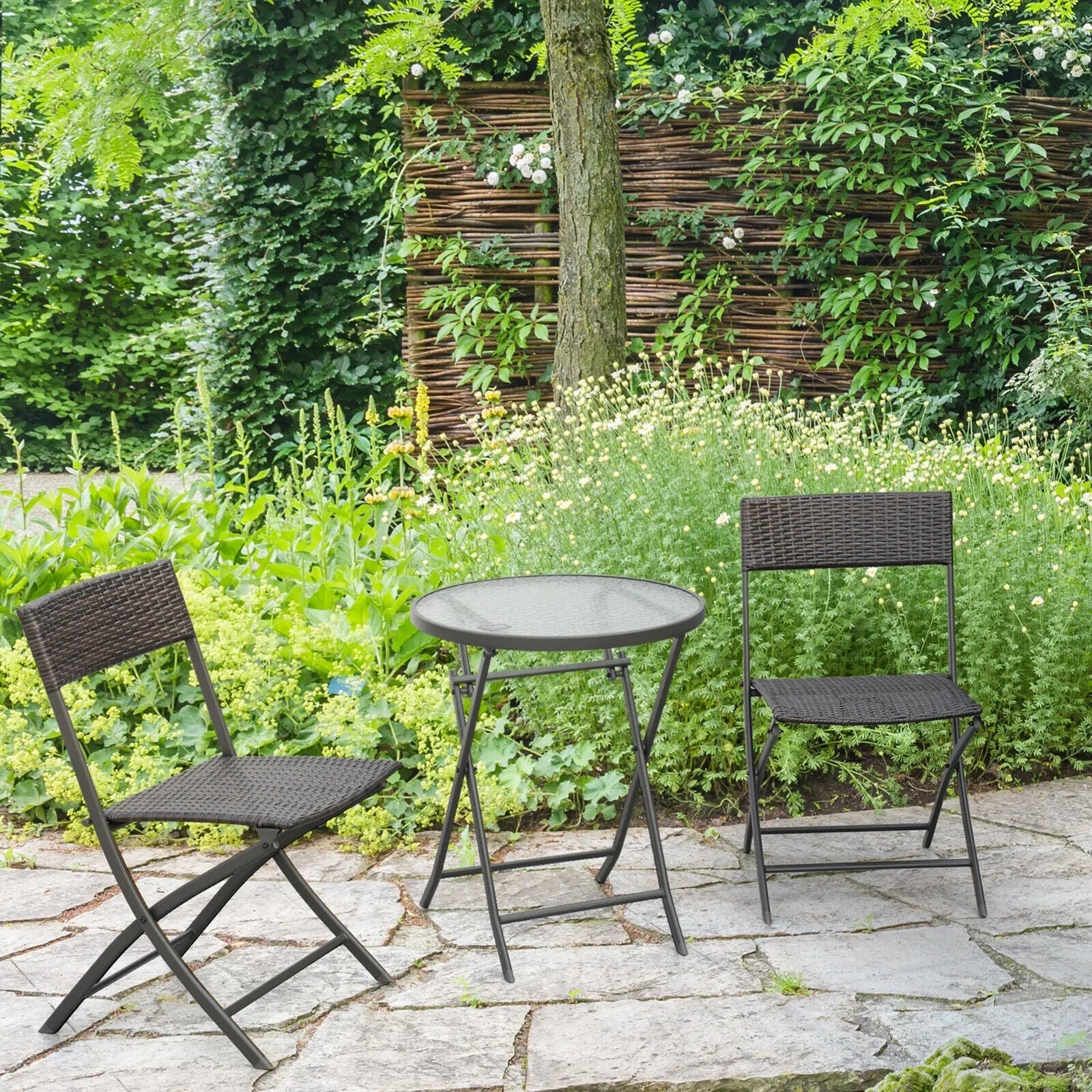 3PC Rattan Bistro Set Folding Chairs Coffee Table Garden Outdoor Furniture - Home and Garden Furniture Shop - #rustic - furniture#