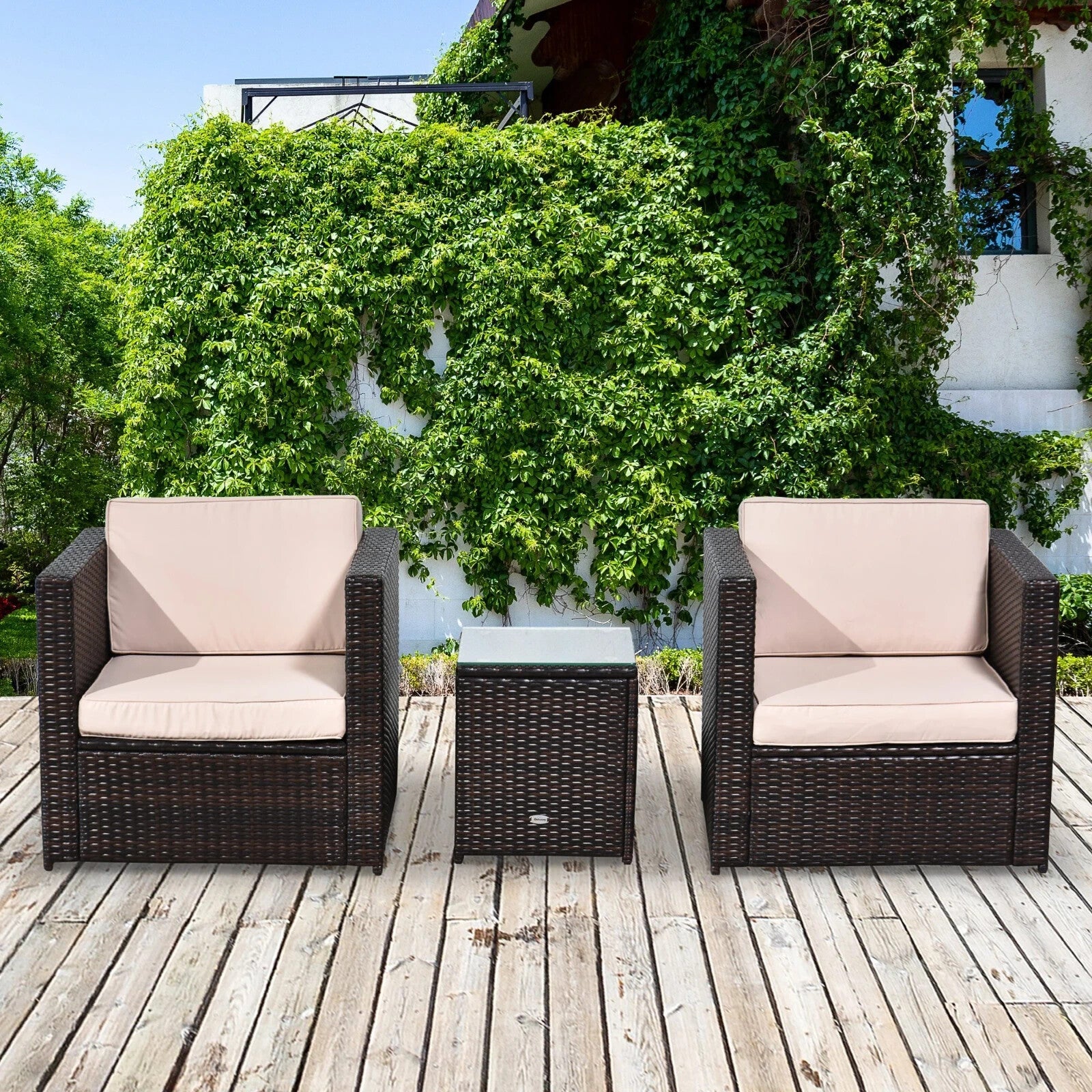 3Pcs Patio 2 Seater Rattan Sofa Garden Furniture Set Coffee Table Seat Cushions - Home and Garden Furniture Shop - rustic - furniture