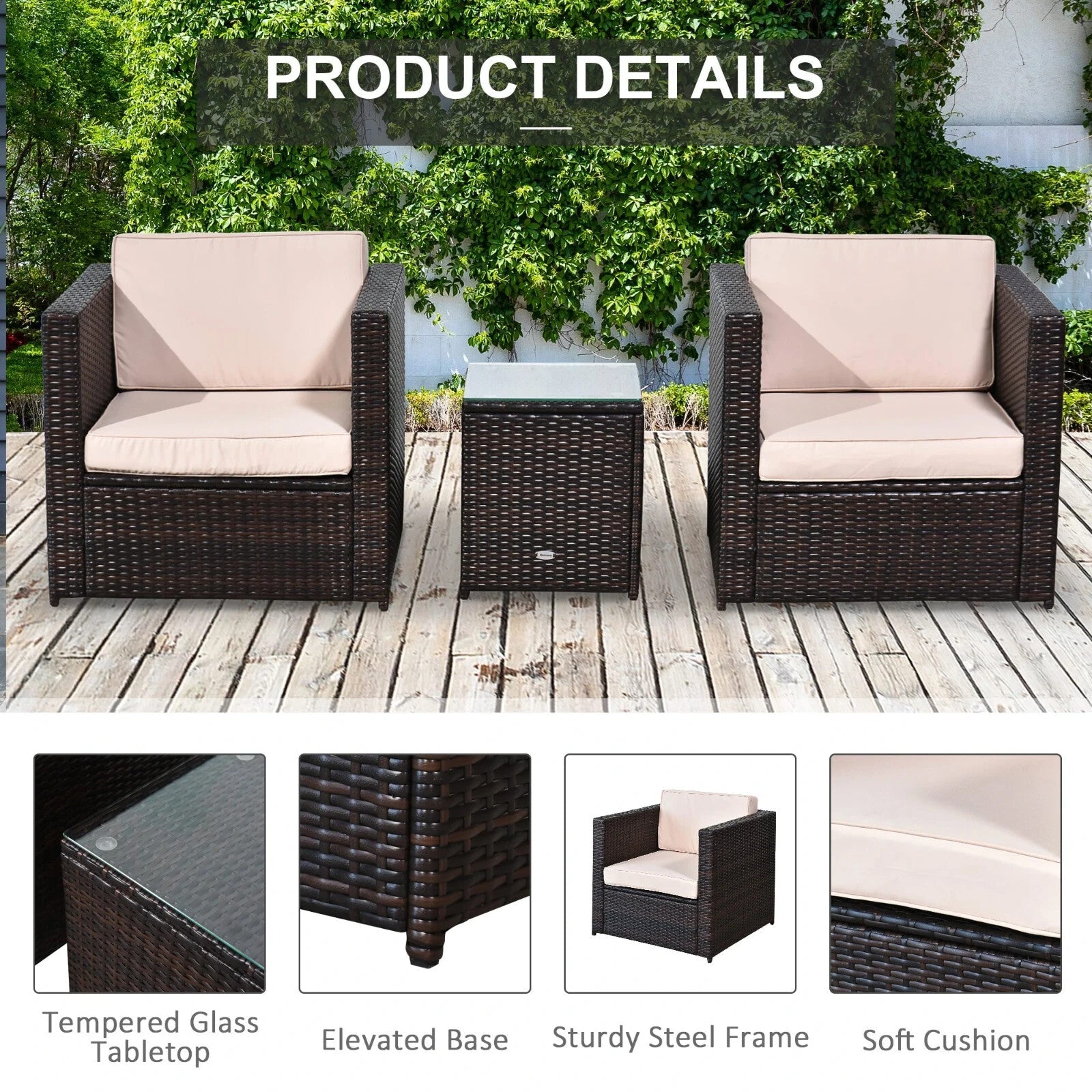 3Pcs Patio 2 Seater Rattan Sofa Garden Furniture Set Coffee Table Seat Cushions - Home and Garden Furniture Shop - rustic - furniture