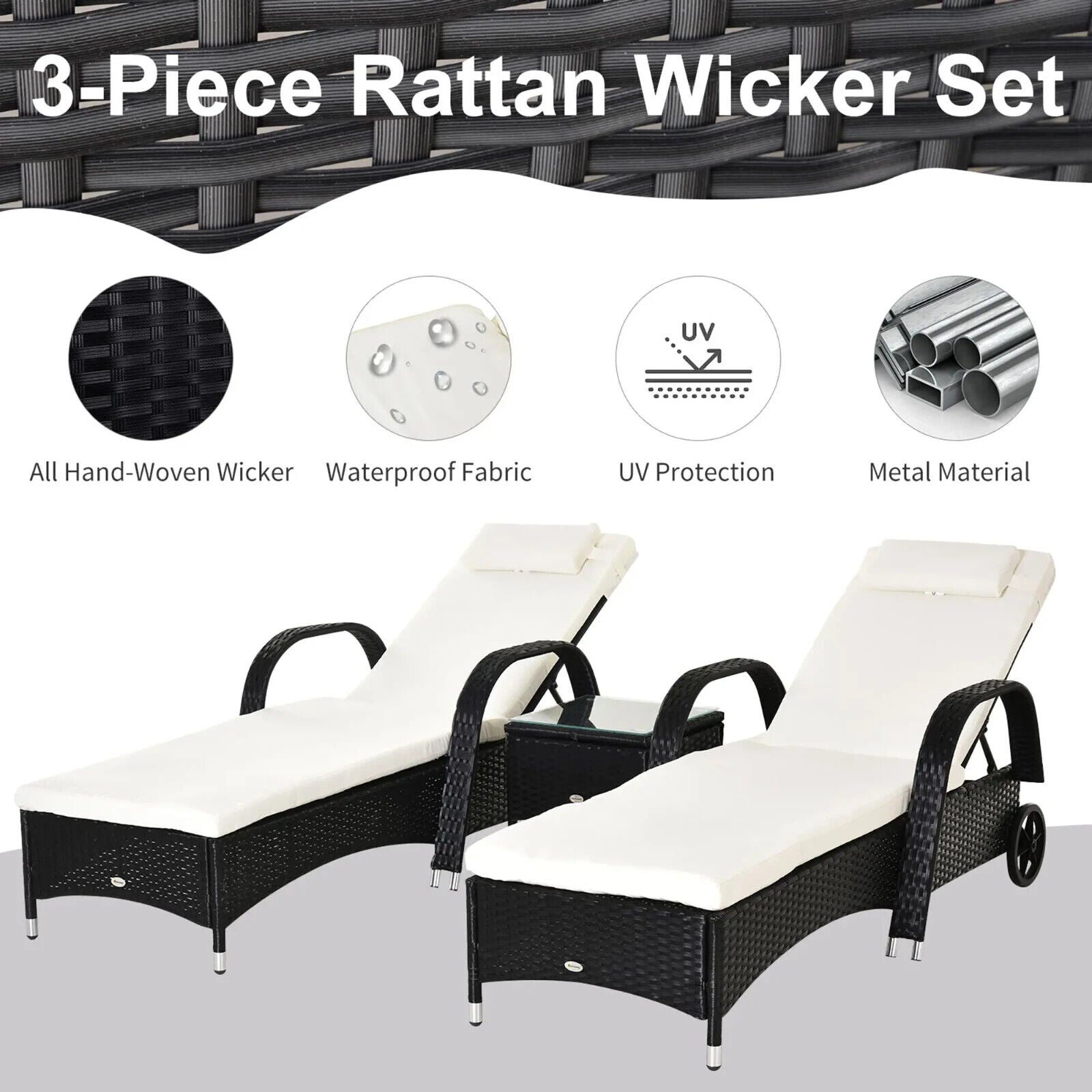 3pcs Rattan Sun Lounger Set Wicker Sofa Day Bed Recliner Garden Furniture 200cm - Home and Garden Furniture Shop - #rustic - furniture#