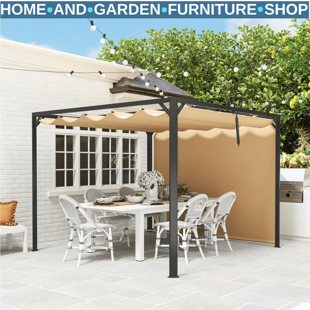 3x3 m Garden Pergola with Retractable Roof Canopy & Roller Shade Aluminium Frame - Home and Garden Furniture Shop - rustic - furniture