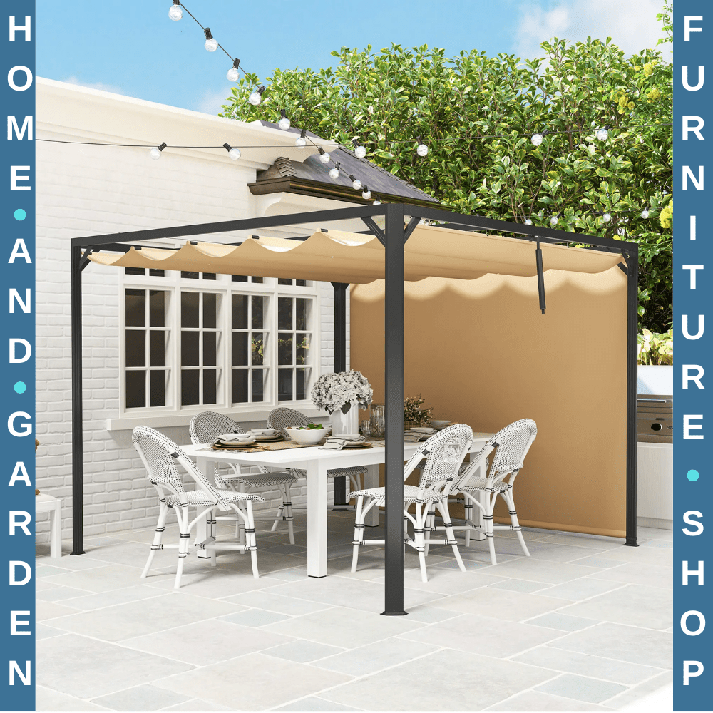 3x3 m Garden Pergola with Retractable Roof Canopy & Roller Shade Aluminium Frame - Home and Garden Furniture Shop - rustic - furniture