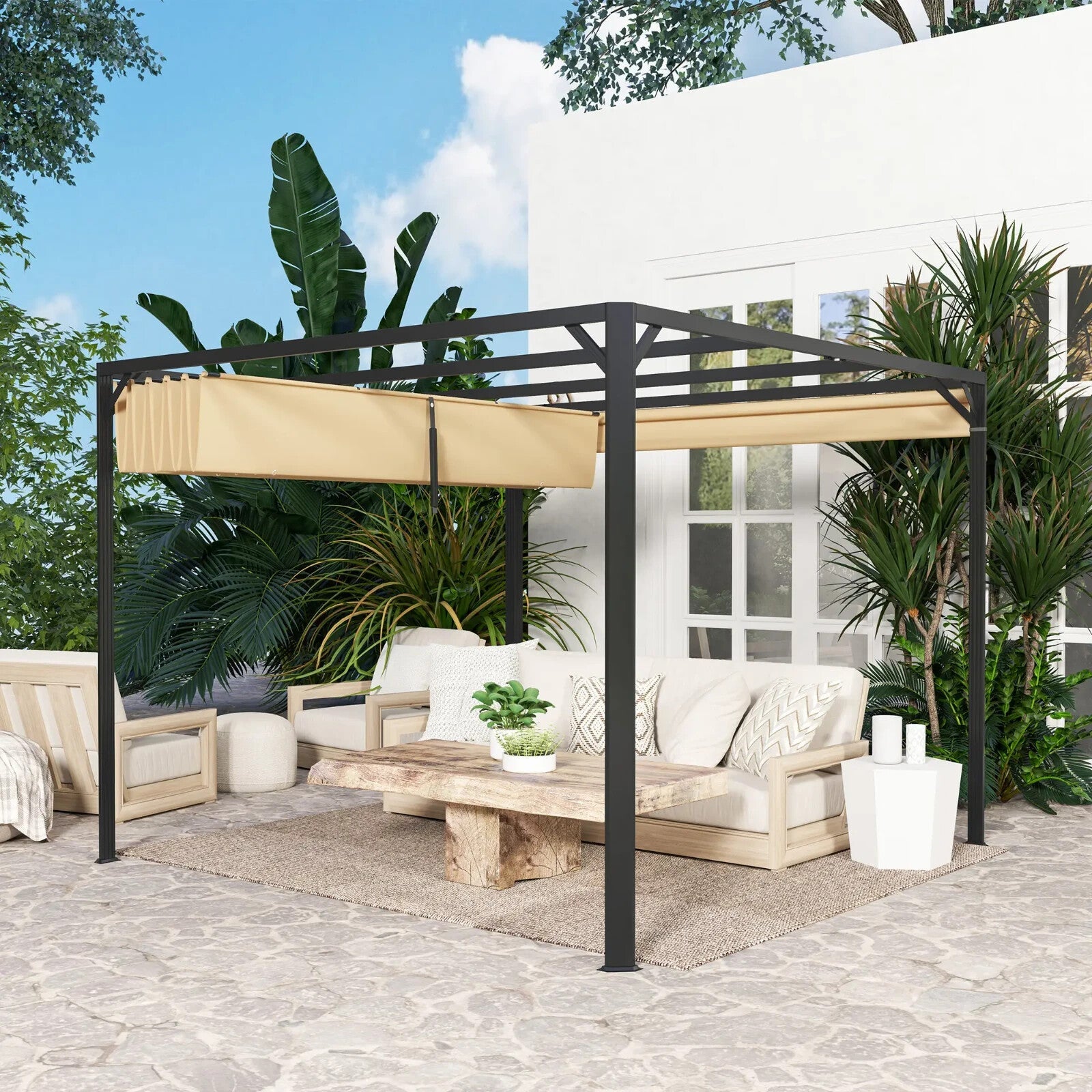 3x3 m Garden Pergola with Retractable Roof Canopy & Roller Shade Aluminium Frame - Home and Garden Furniture Shop - rustic - furniture