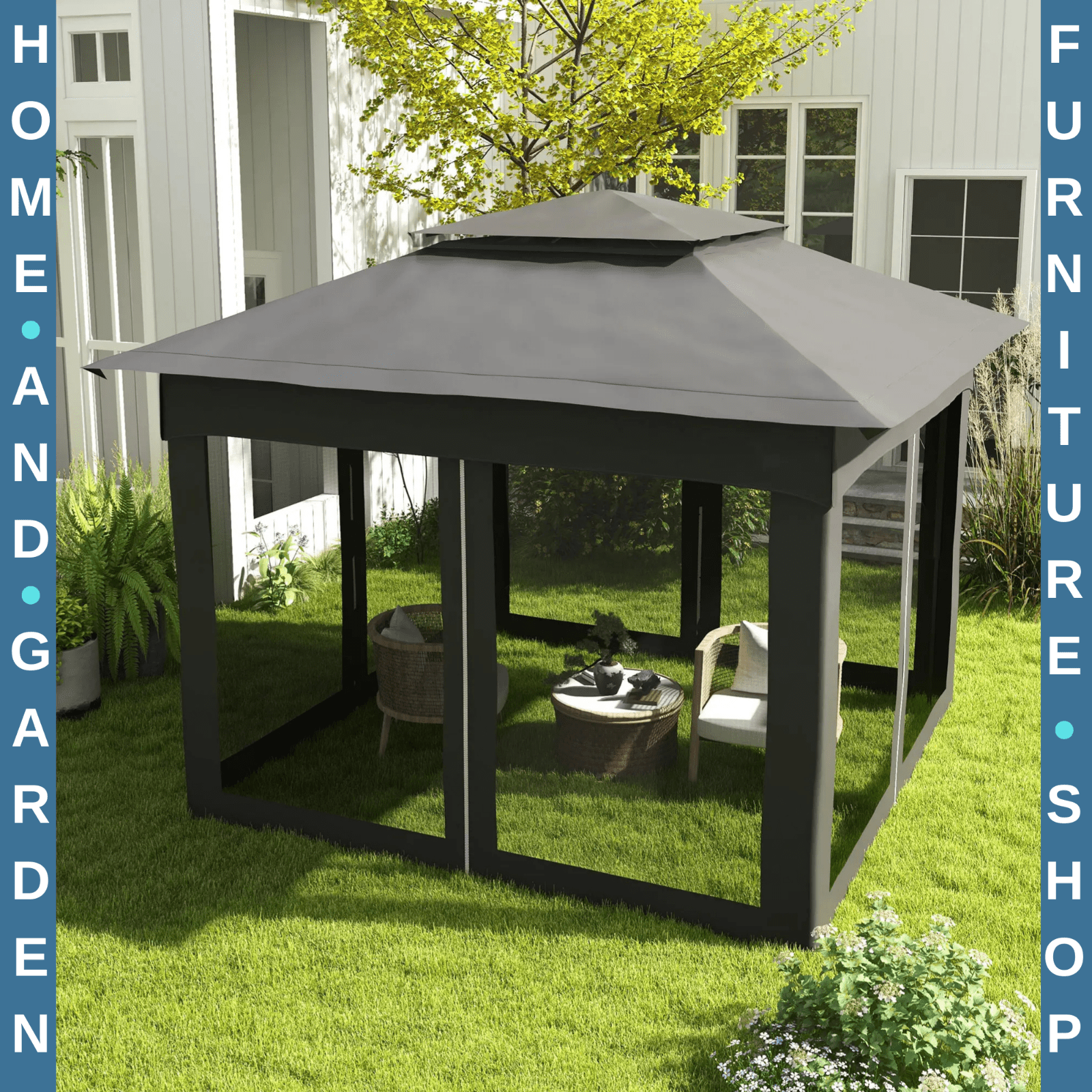 3x3 m Pop Up Gazebo w/ Netting Carry Bag Double Roof Garden Tent Outdoor Shelter - Home and Garden Furniture Shop - rustic - furniture