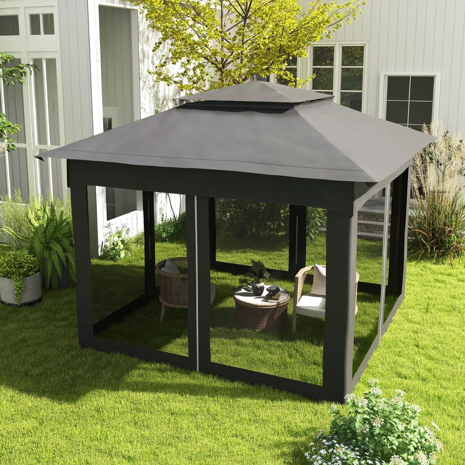 3x3 m Pop Up Gazebo w/ Netting Carry Bag Double Roof Garden Tent Outdoor Shelter - Home and Garden Furniture Shop - rustic - furniture