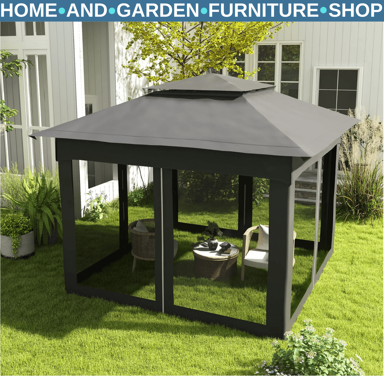 3x3 m Pop Up Gazebo w/ Netting Carry Bag Double Roof Garden Tent Outdoor Shelter - Home and Garden Furniture Shop - rustic - furniture
