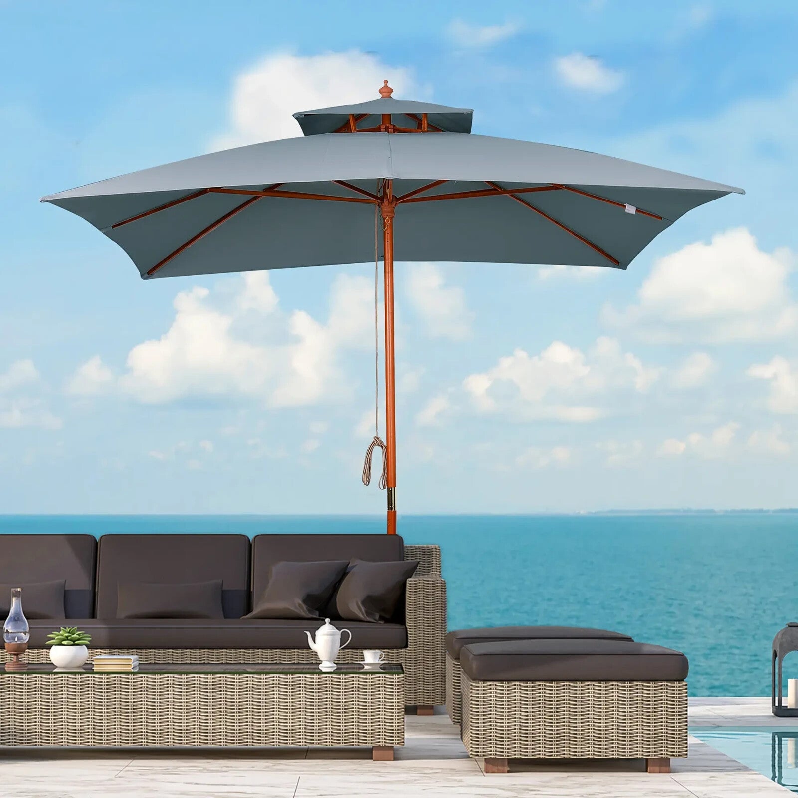 3x3 m Wooden Square Garden Parasol Umbrella Canopy for Patio Sunshade Shelter - Home and Garden Furniture Shop - rustic - furniture