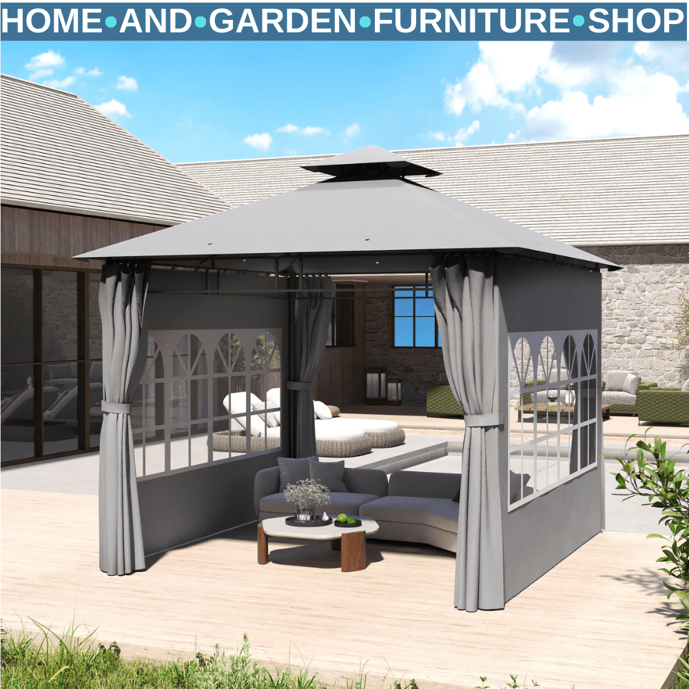 3x3m Metal Garden Gazebo with Double Roof Removable Sidewalls and Church Windows - Home and Garden Furniture Shop - rustic - furniture