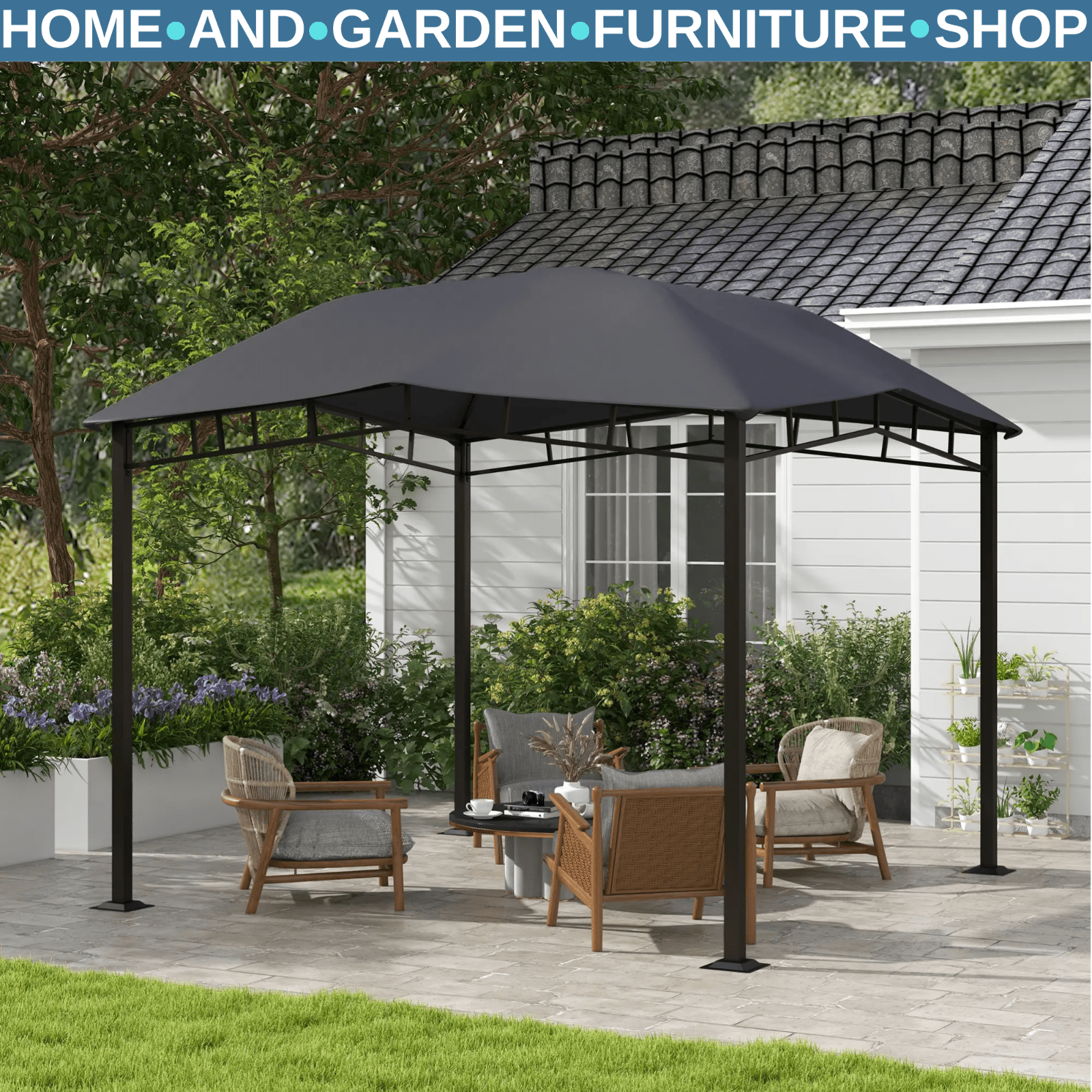 3x3(m) Outdoor Patio Gazebo Metal Garden Pavilion Canopy Tent Steel Frame Grey - Home and Garden Furniture Shop - rustic - furniture