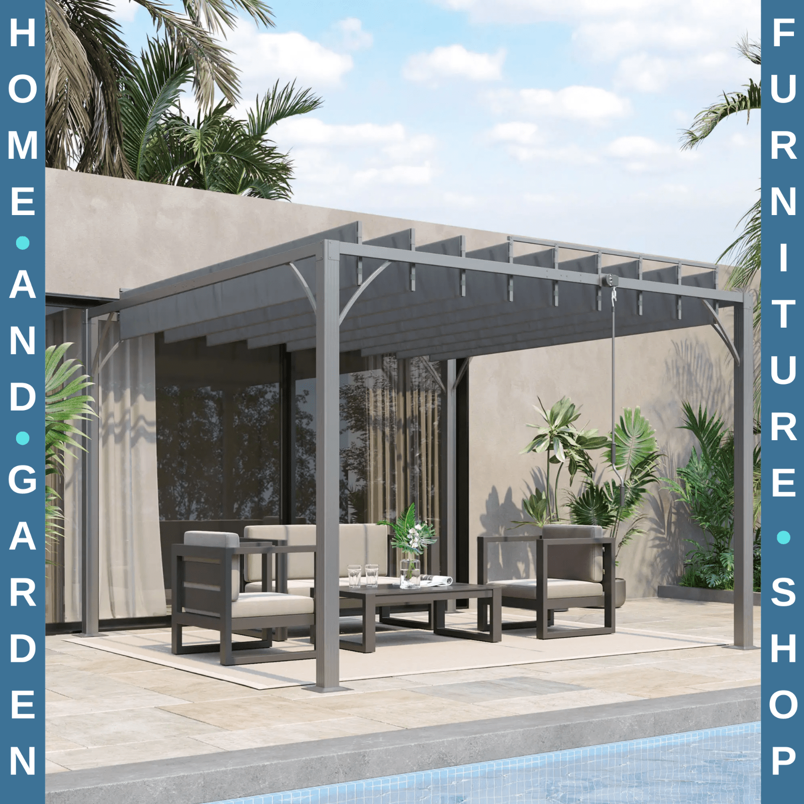 3x3m Outdoor Pergola with Retractable Roof Grey Aluminium Patio Gazebo Canopy - Home and Garden Furniture Shop - rustic - furniture