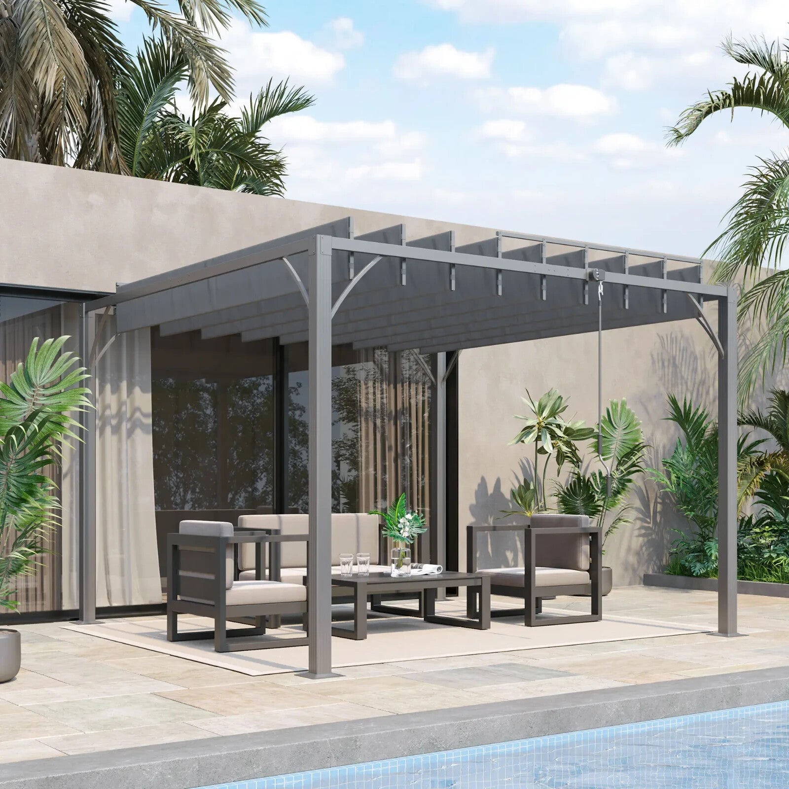 3x3m Outdoor Pergola with Retractable Roof Grey Aluminium Patio Gazebo Canopy - Home and Garden Furniture Shop - rustic - furniture