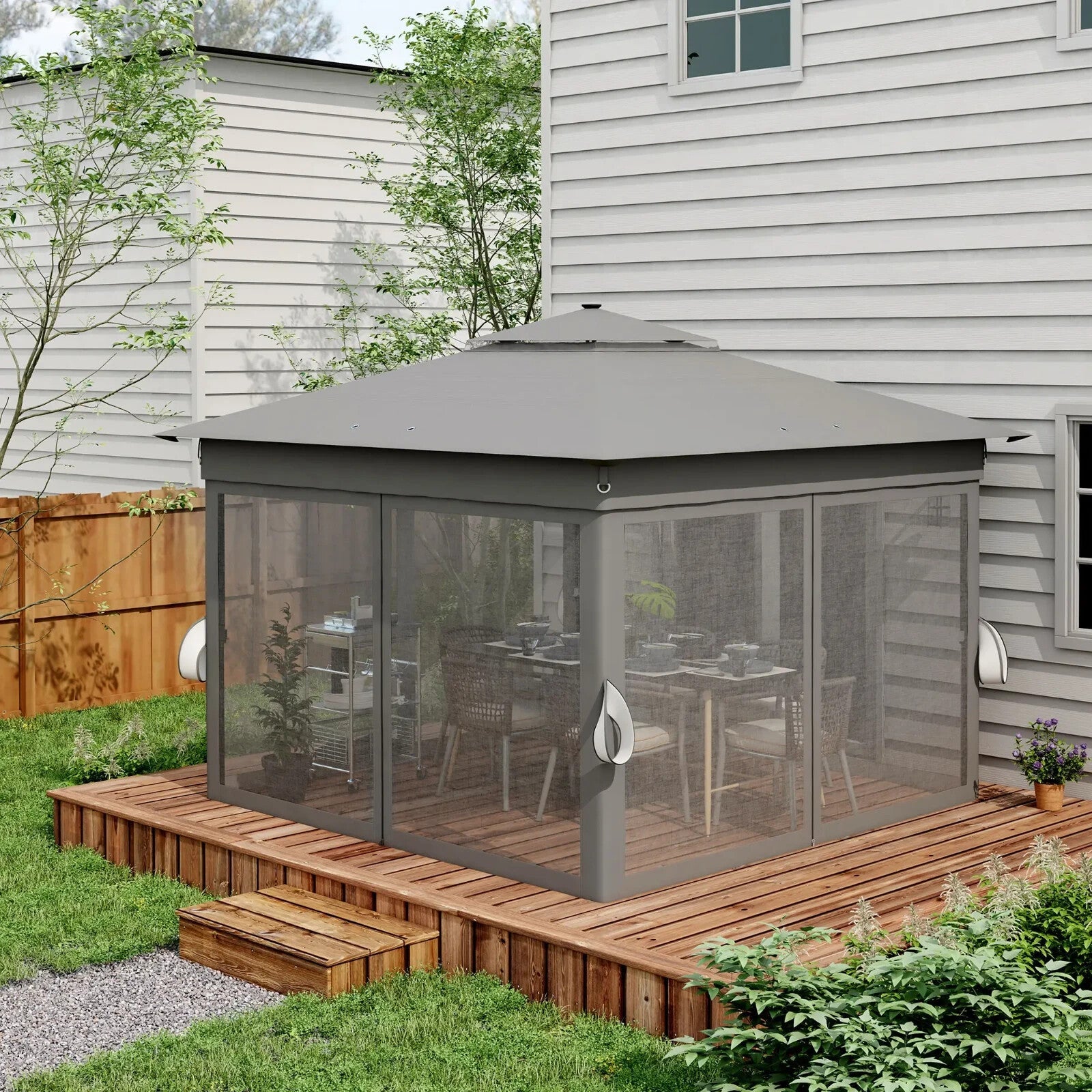 3x3m Pop Up Gazebo with Solar LED Lights Netting Curtain Patio Garden Party Tent - Home and Garden Furniture Shop - rustic - furniture