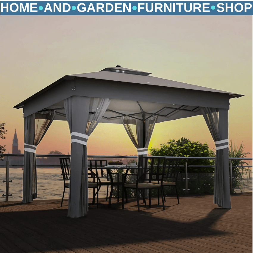 3x3m Pop Up Gazebo with Solar LED Lights Netting Curtain Patio Garden Party Tent - Home and Garden Furniture Shop - rustic - furniture