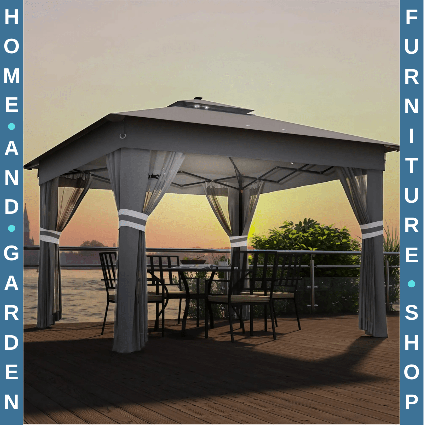 3x3m Pop Up Gazebo with Solar LED Lights Netting Curtain Patio Garden Party Tent - Home and Garden Furniture Shop - rustic - furniture