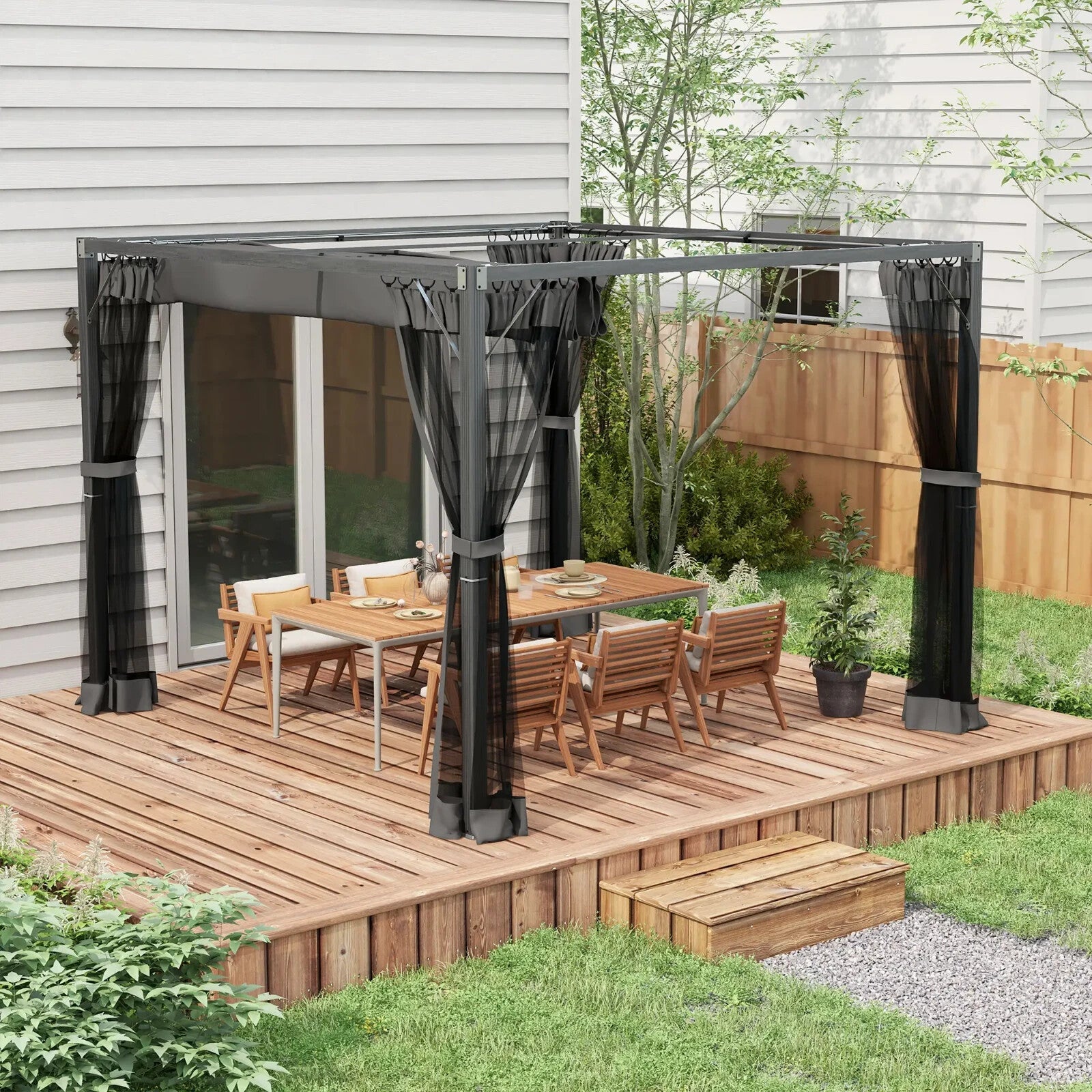 3x3m Retractable Pergola Gazebo w/ Netting Garden Shelter Canopy for Patio Deck - Home and Garden Furniture Shop - rustic - furniture