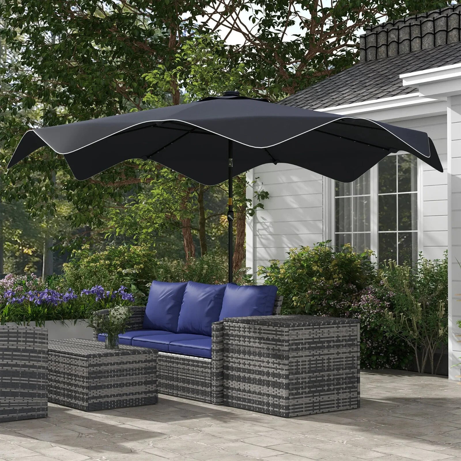 3x3m Solar LED Garden Parasol Patio Umbrella Outdoor Tilt Crank Sun Shade Grey - Home and Garden Furniture Shop - rustic - furniture