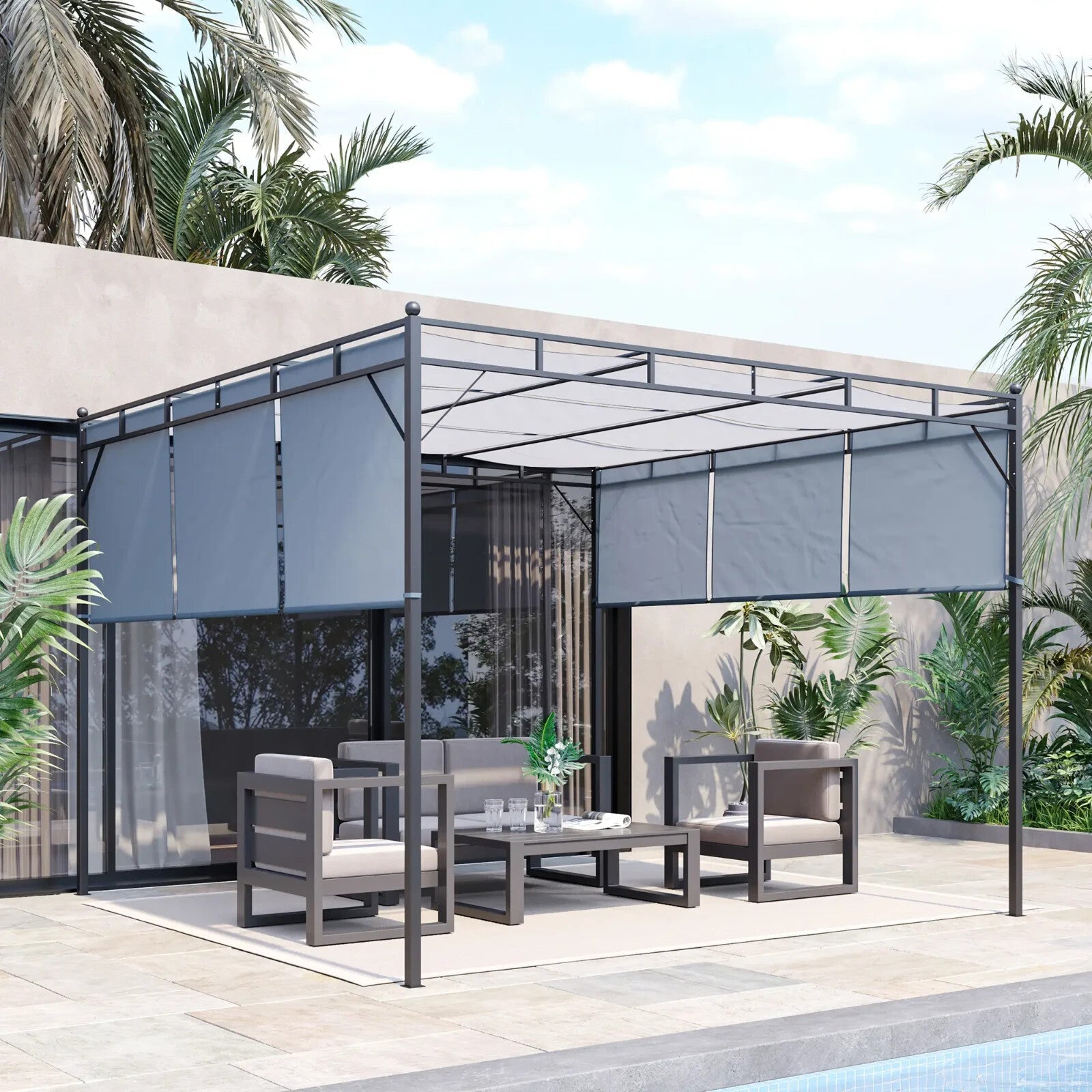 3x3m Steel Pergola Gazebo with Retractable Roof Canopy Garden Patio Shelter - Home and Garden Furniture Shop - rustic - furniture