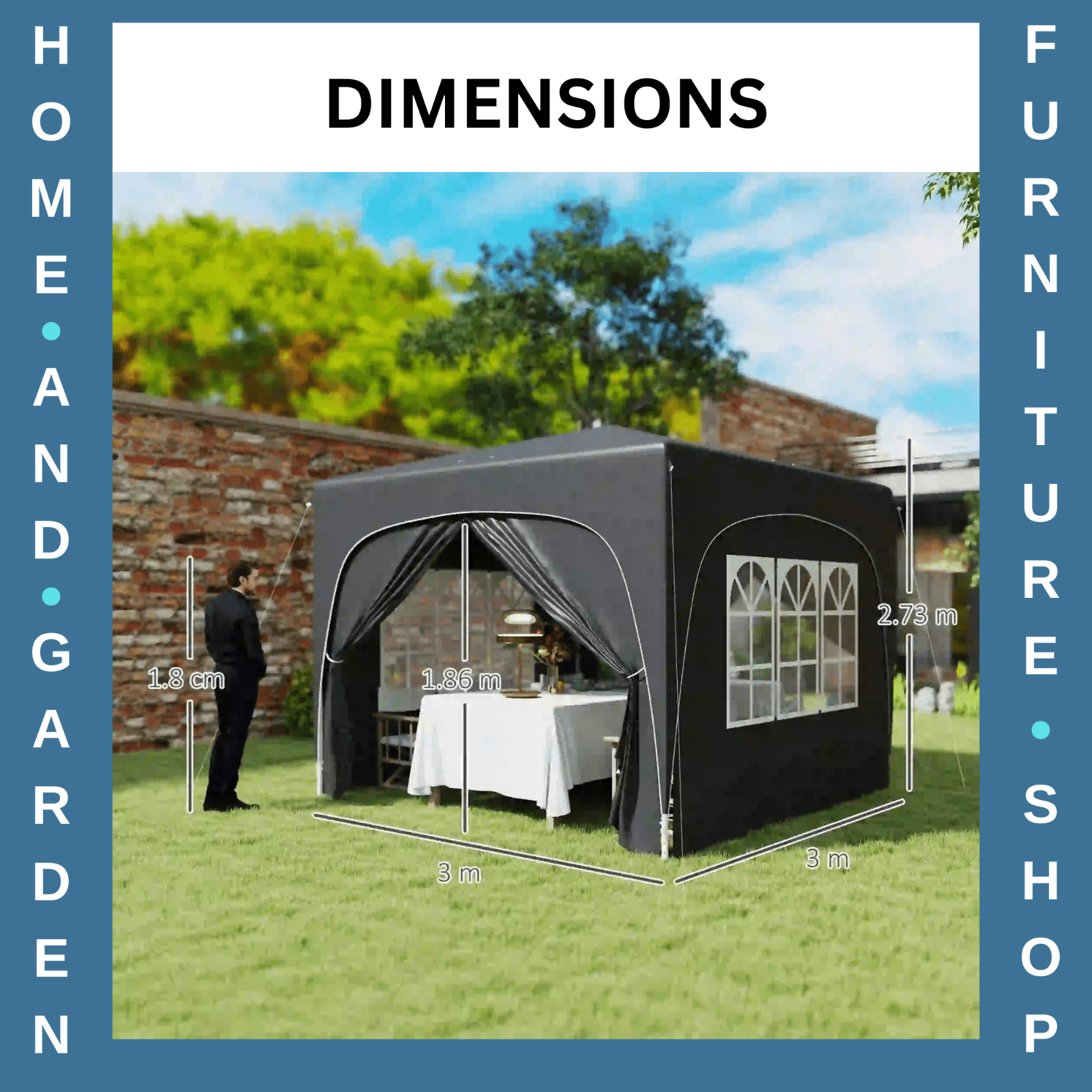 3x3m UPF50+ Pop - Up Gazebo with Metal Frame Sides and Zipper Carry Bag, Black - Home and Garden Furniture Shop - rustic - furniture