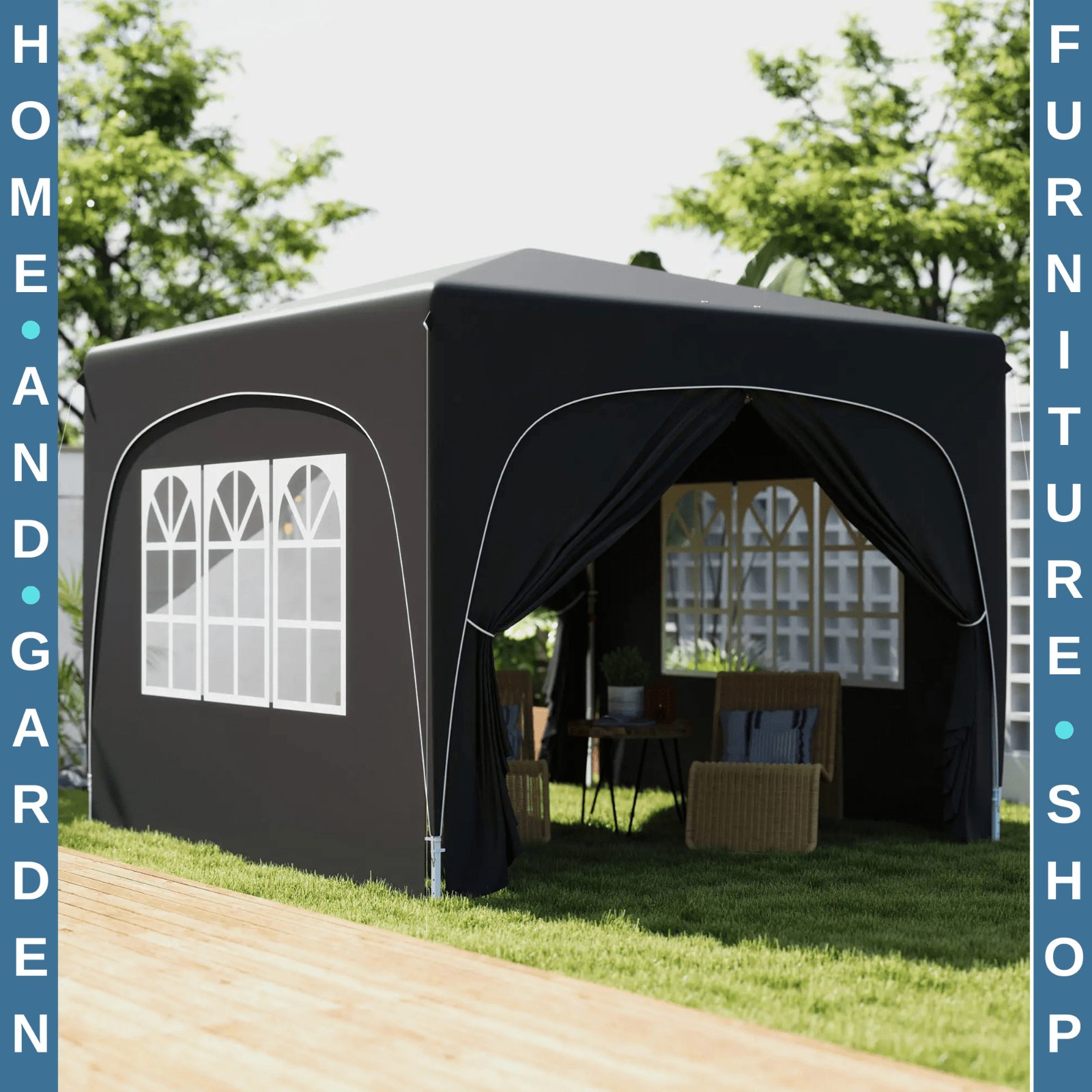 3x3m UPF50+ Pop - Up Gazebo with Metal Frame Sides and Zipper Carry Bag, Black - Home and Garden Furniture Shop - rustic - furniture
