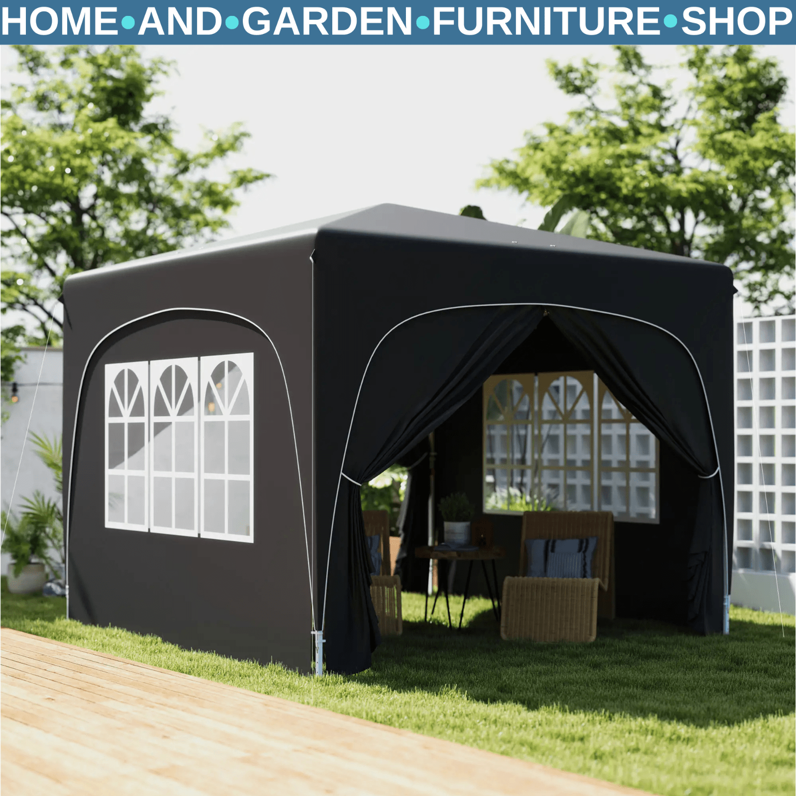 3x3m UPF50+ Pop - Up Gazebo with Metal Frame Sides and Zipper Carry Bag, Black - Home and Garden Furniture Shop - rustic - furniture