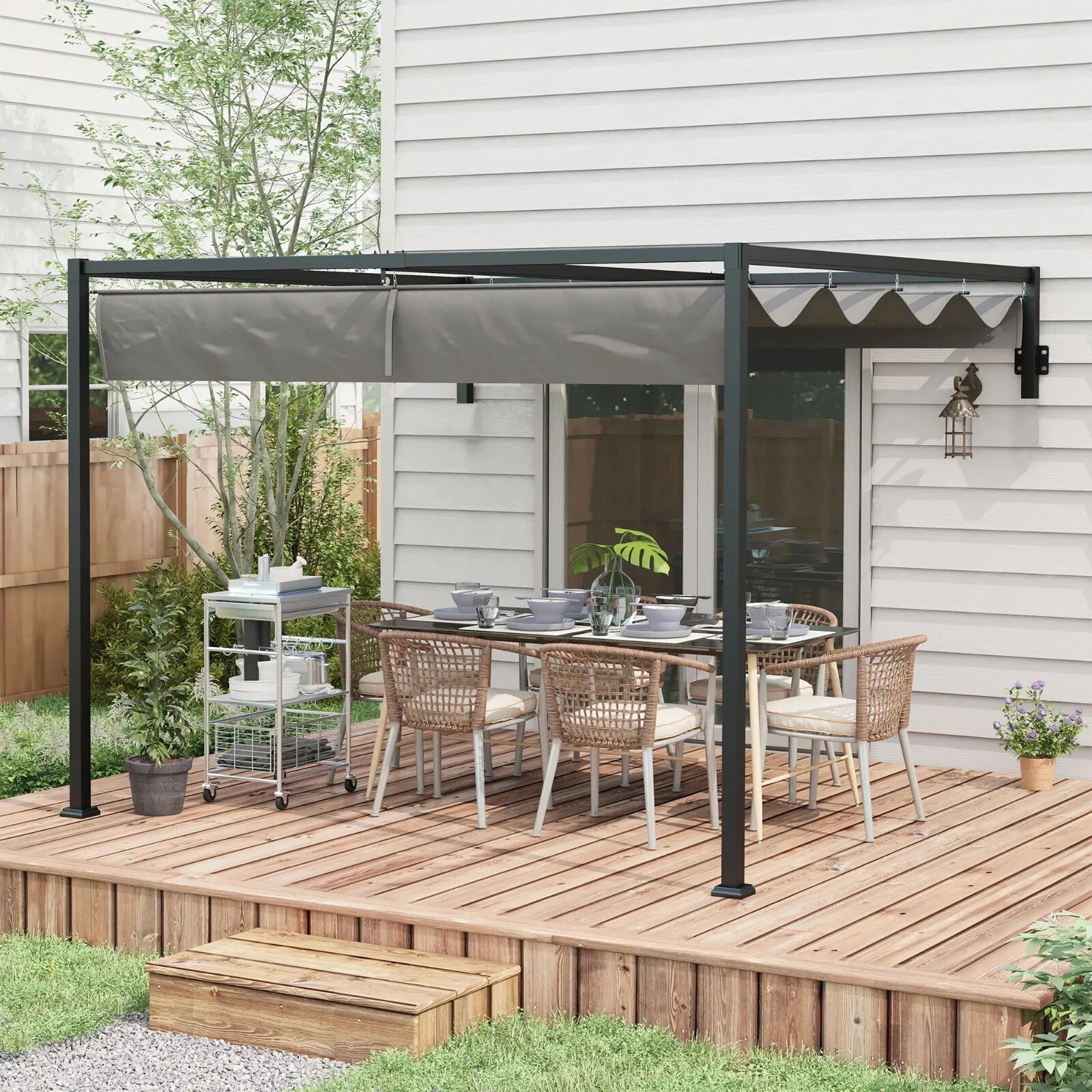 3x4m Lean To Pergola with Retractable Roof Metal Patio Canopy for Deck Shelter - Home and Garden Furniture Shop - rustic - furniture