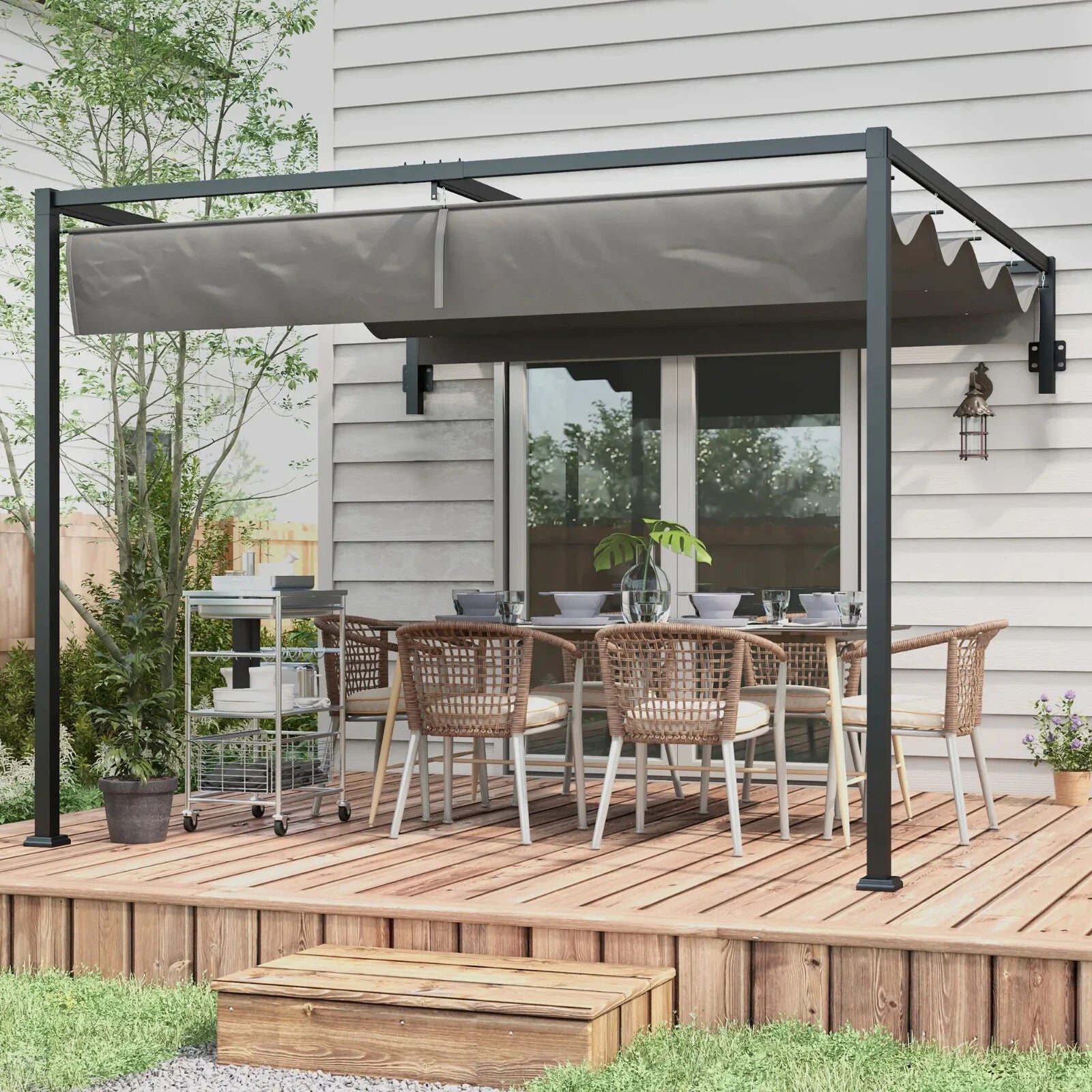 3x4m Lean To Pergola with Retractable Roof Metal Patio Canopy for Deck Shelter - Home and Garden Furniture Shop - rustic - furniture