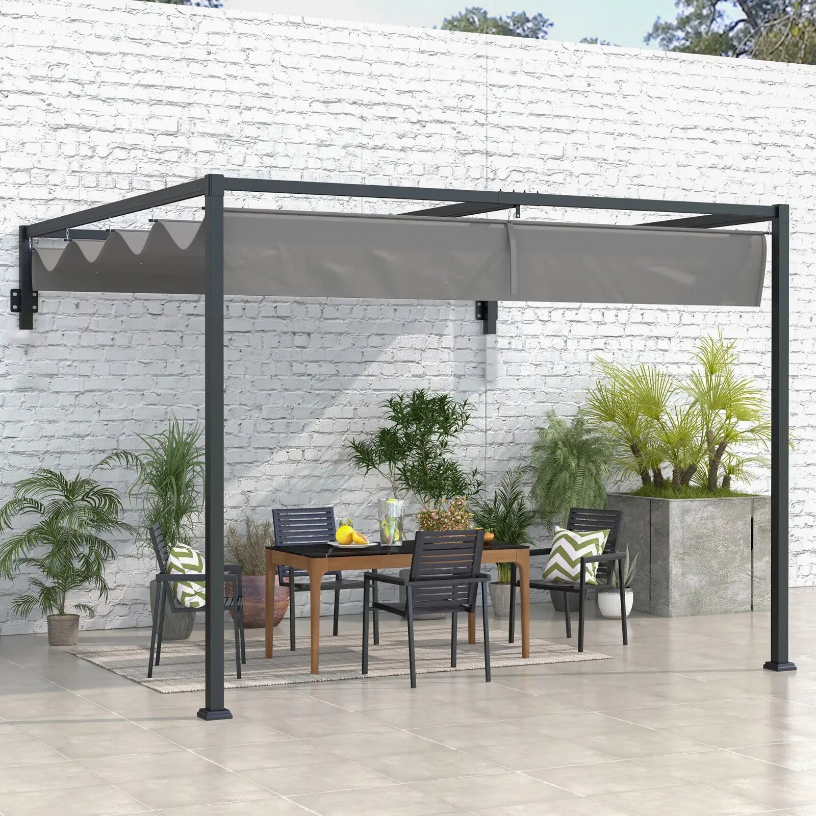 3x4m Lean To Pergola with Retractable Roof Metal Patio Canopy for Deck Shelter - Home and Garden Furniture Shop - rustic - furniture