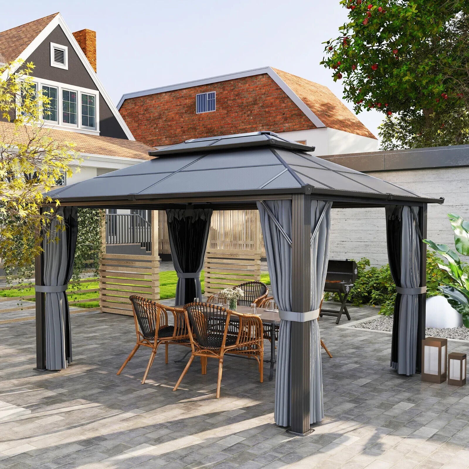 3x4m Polycarbonate Hardtop Gazebo with Curtains Metal Frame Outdoor Gazebo Grey - Home and Garden Furniture Shop - #rustic - furniture#