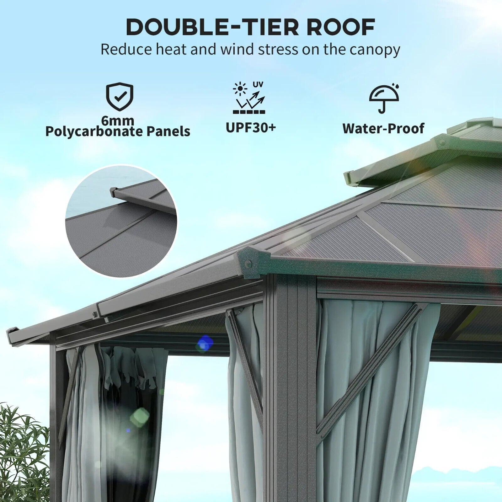 3x4m Polycarbonate Hardtop Gazebo with Curtains Metal Frame Outdoor Gazebo Grey - Home and Garden Furniture Shop - #rustic - furniture#