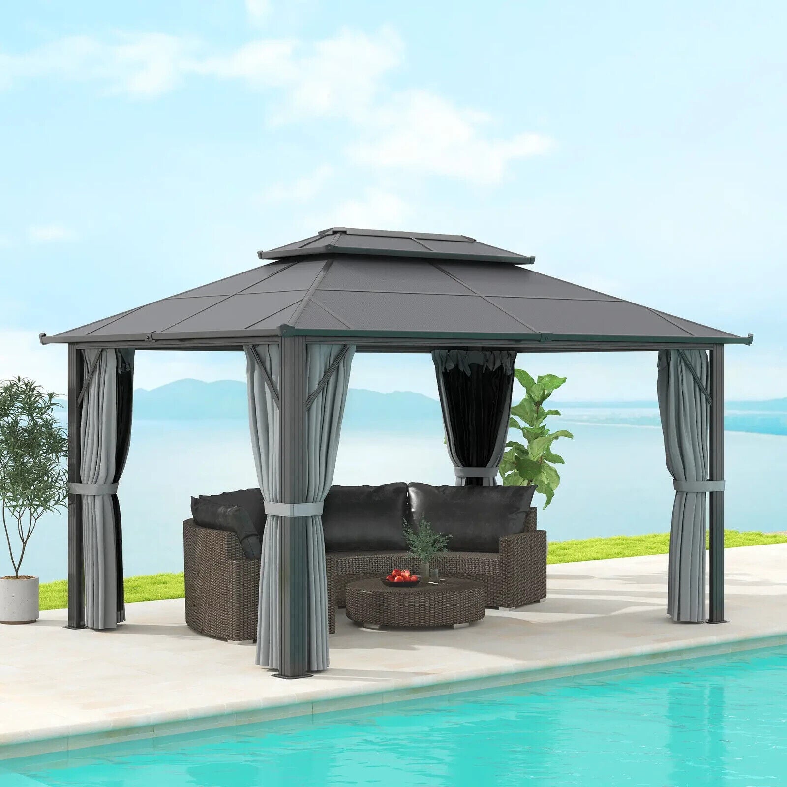 3x4m Polycarbonate Hardtop Gazebo with Curtains Metal Frame Outdoor Gazebo Grey - Home and Garden Furniture Shop - #rustic - furniture#