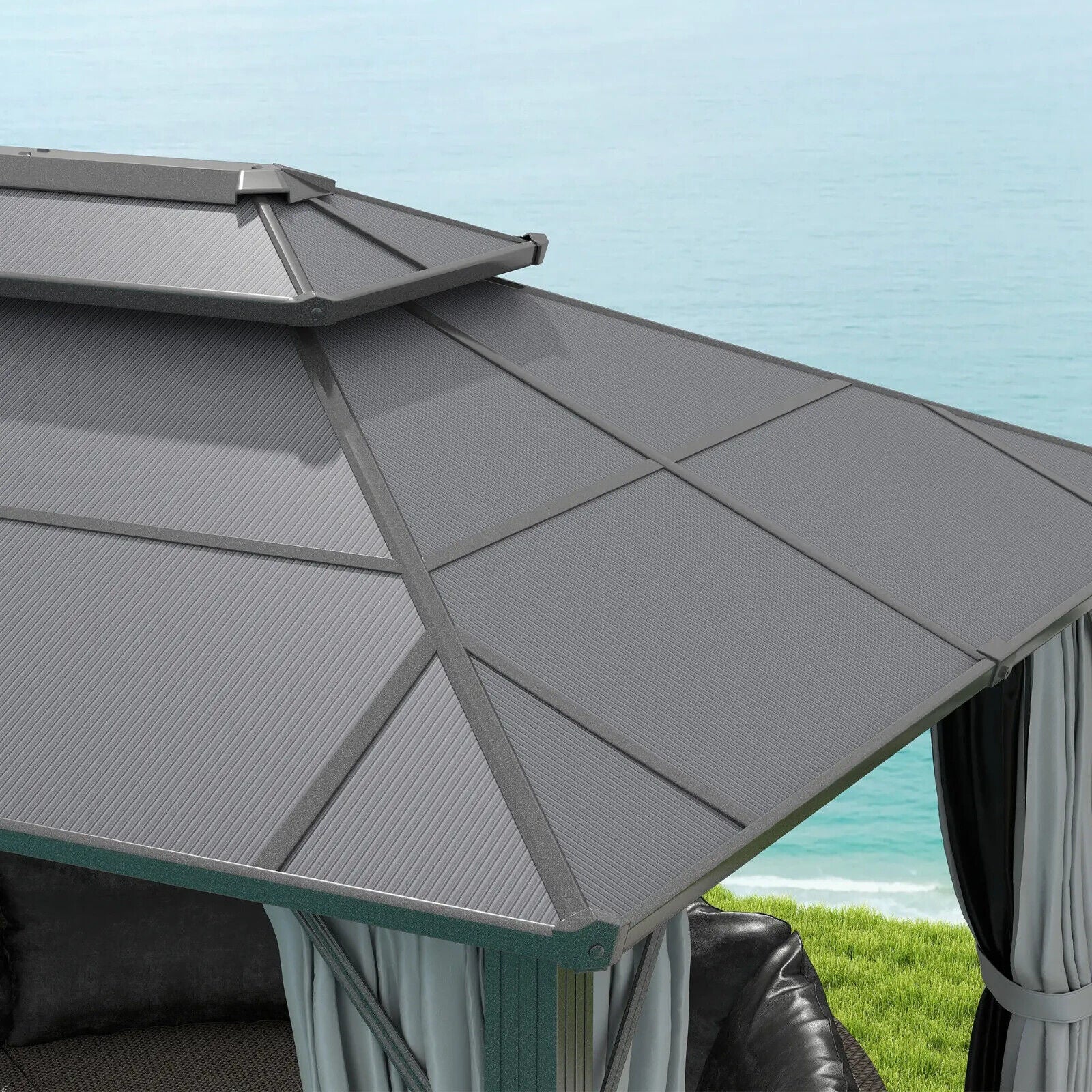3x4m Polycarbonate Hardtop Gazebo with Curtains Metal Frame Outdoor Gazebo Grey - Home and Garden Furniture Shop - #rustic - furniture#
