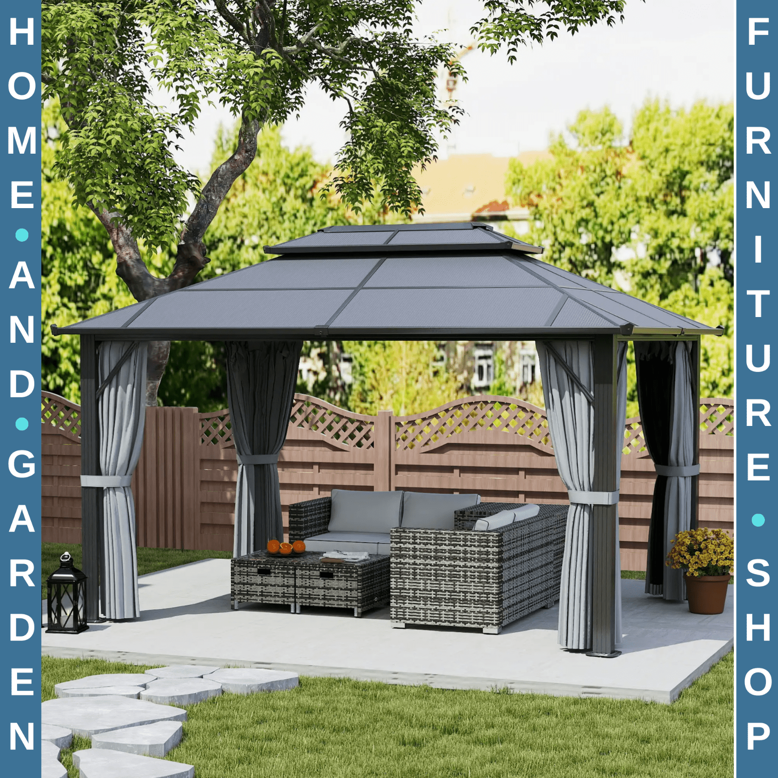 3x4m Polycarbonate Hardtop Gazebo with Curtains Metal Frame Outdoor Gazebo Grey - Home and Garden Furniture Shop - #rustic - furniture#
