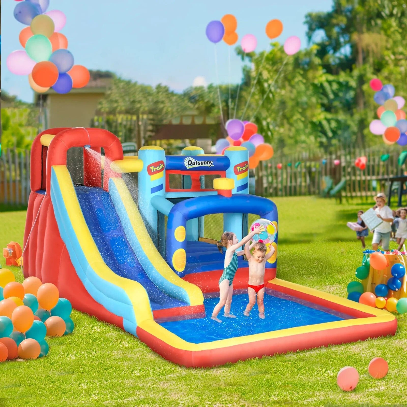 4 in 1 Bouncy Castle with Slide Pool Trampoline Climbing Wall and Air Blower - Home and Garden Furniture Shop - rustic - furniture