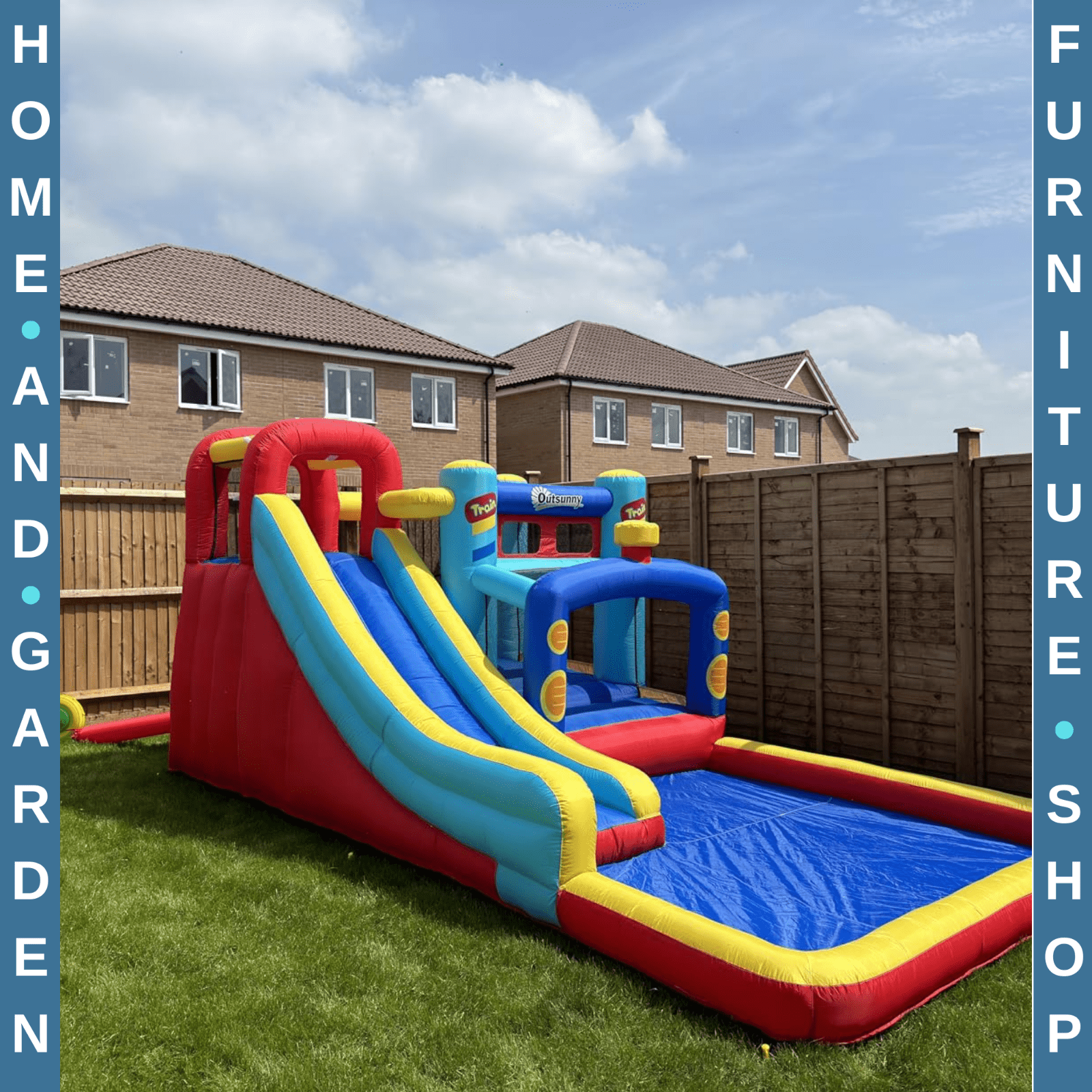4 in 1 Bouncy Castle with Slide Pool Trampoline Climbing Wall and Air Blower - Home and Garden Furniture Shop - rustic - furniture