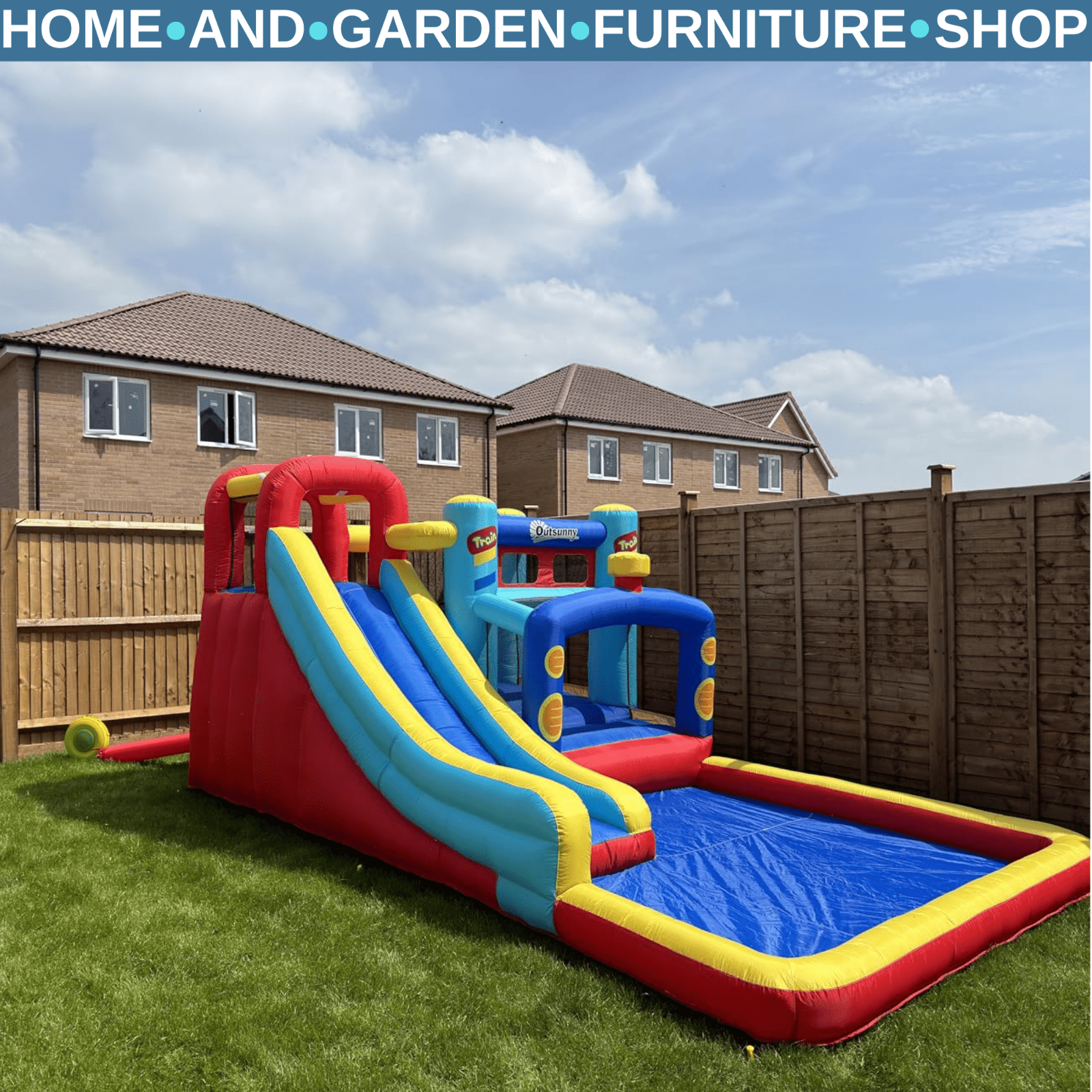 4 in 1 Bouncy Castle with Slide Pool Trampoline Climbing Wall and Air Blower - Home and Garden Furniture Shop - rustic - furniture