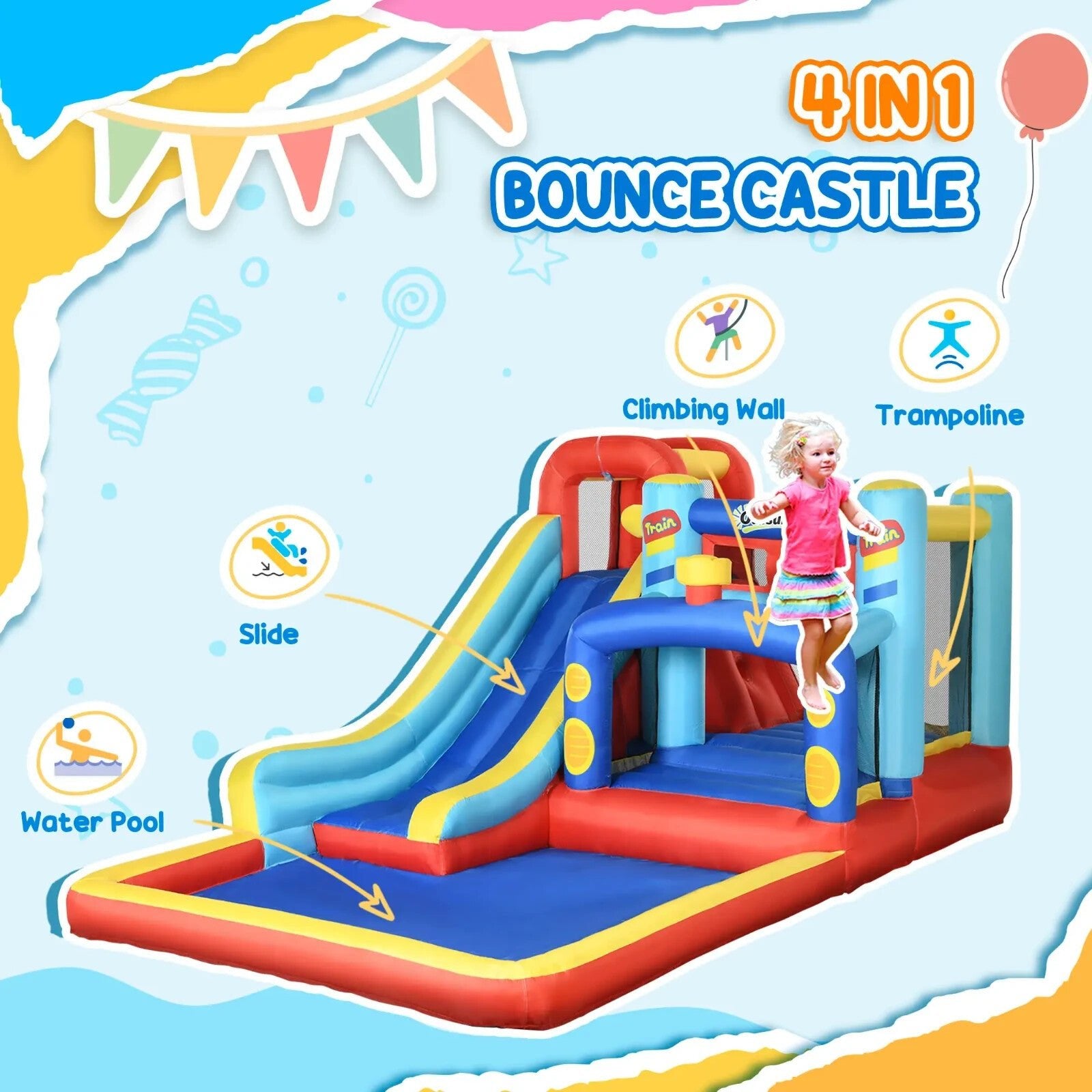 4 in 1 Bouncy Castle with Slide Pool Trampoline Climbing Wall and Air Blower - Home and Garden Furniture Shop - rustic - furniture