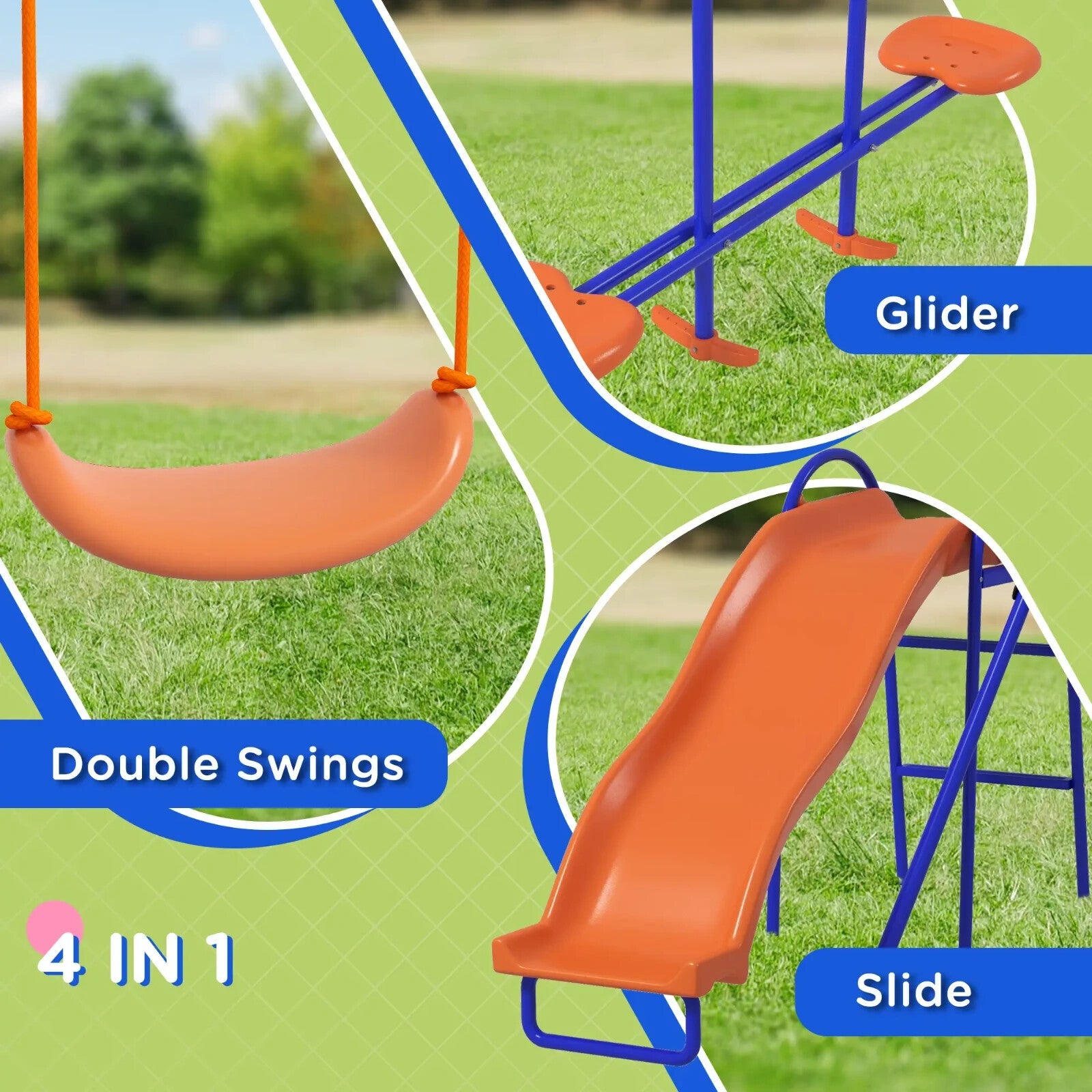 4 in 1 Metal Garden Swing Set with Slide Glider Ladder and Double Swings for Kid - Home and Garden Furniture Shop - rustic - furniture