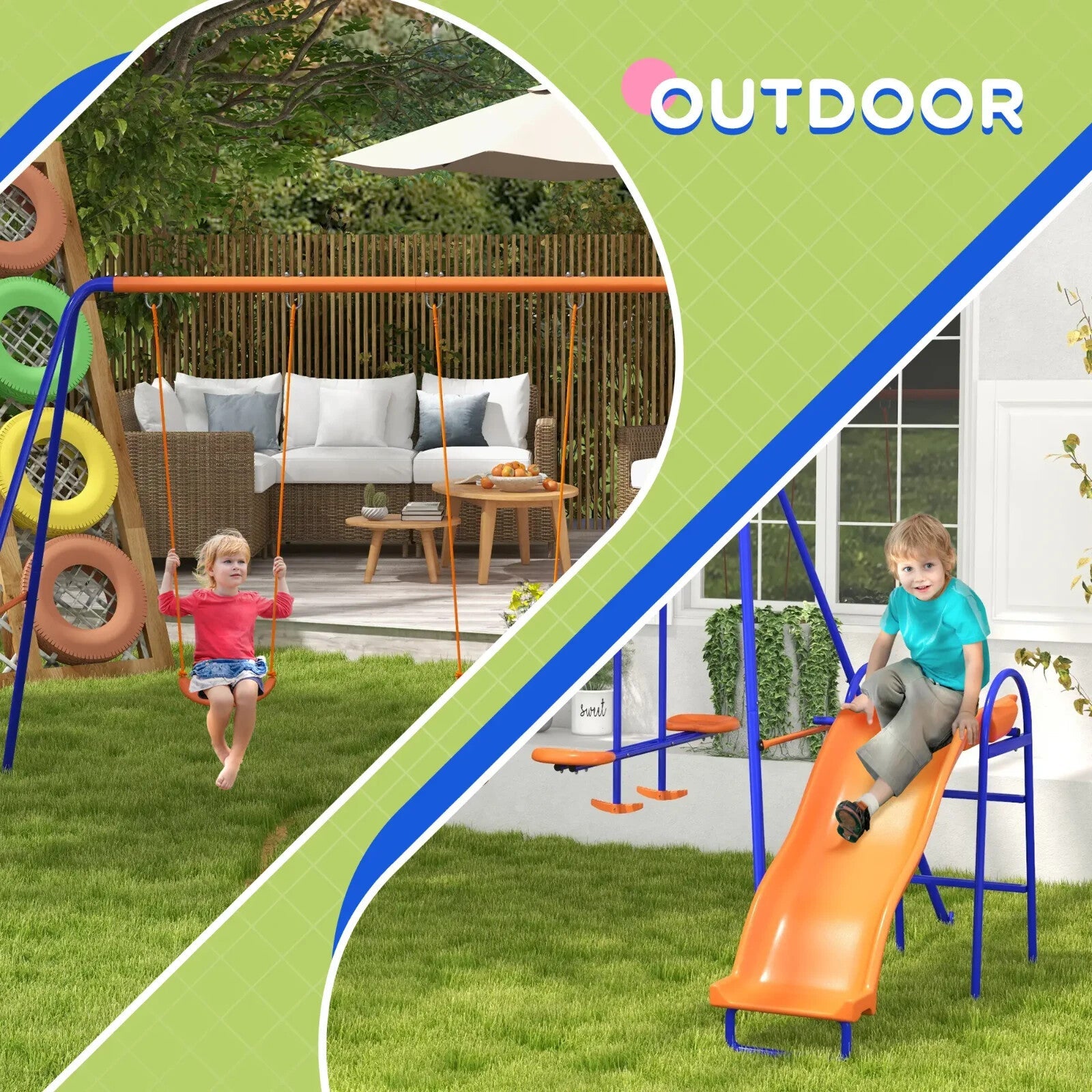 4 in 1 Metal Garden Swing Set with Slide Glider Ladder and Double Swings for Kid - Home and Garden Furniture Shop - rustic - furniture