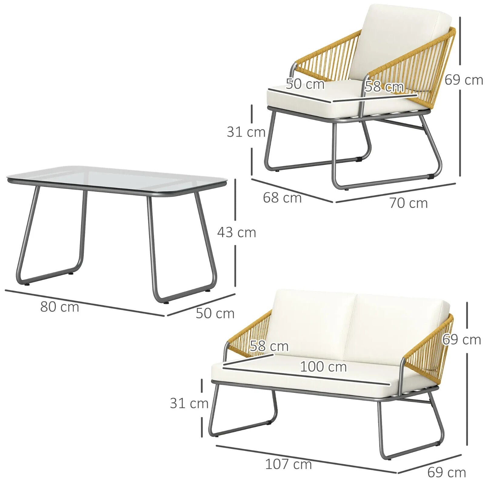 4 Pcs Rattan Garden Furniture Outdoor Wicker Patio Loveseat Armchairs Glass Top - Home and Garden Furniture Shop - #rustic - furniture#