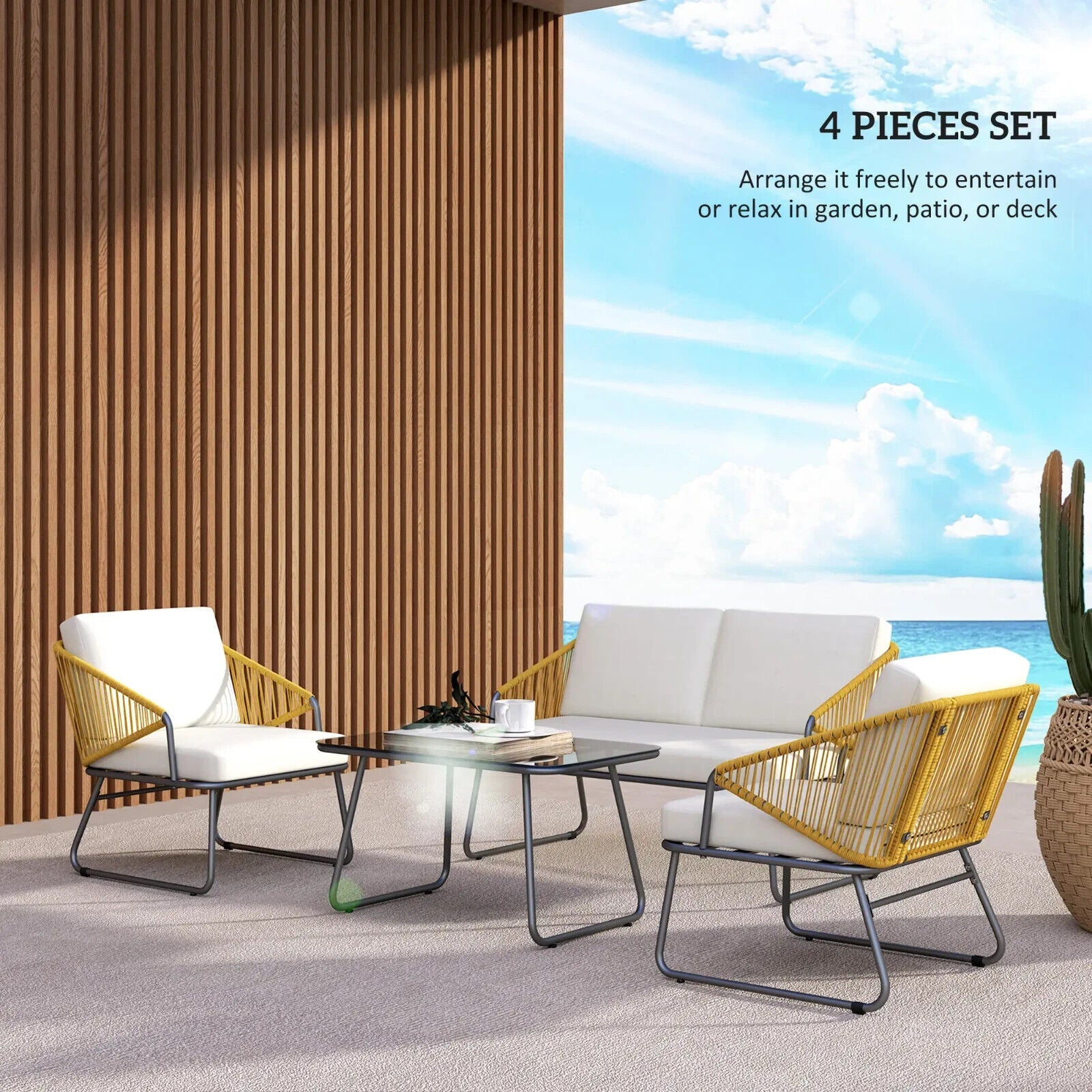 4 Pcs Rattan Garden Furniture Outdoor Wicker Patio Loveseat Armchairs Glass Top - Home and Garden Furniture Shop - #rustic - furniture#