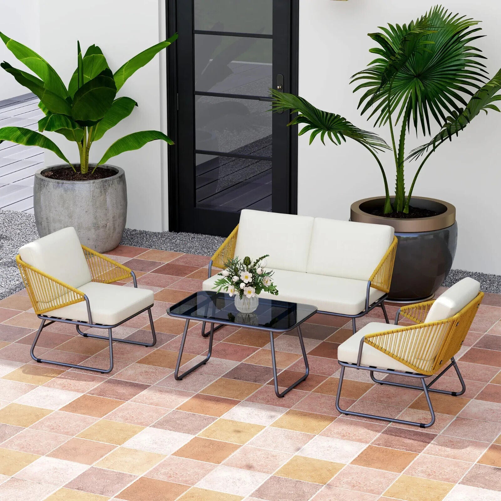 4 Pcs Rattan Garden Furniture Outdoor Wicker Patio Loveseat Armchairs Glass Top - Home and Garden Furniture Shop - #rustic - furniture#
