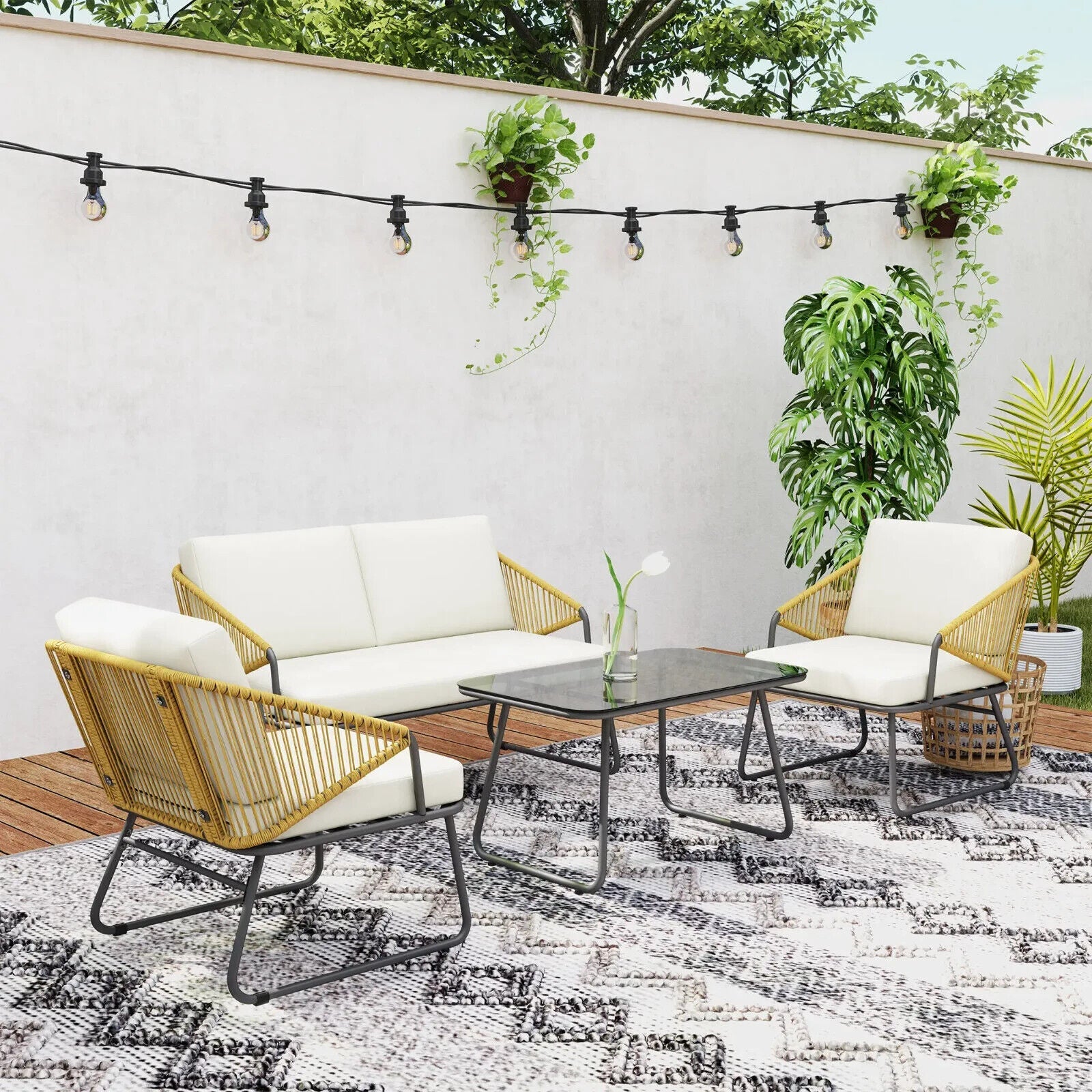 4 Pcs Rattan Garden Furniture Outdoor Wicker Patio Loveseat Armchairs Glass Top - Home and Garden Furniture Shop - #rustic - furniture#
