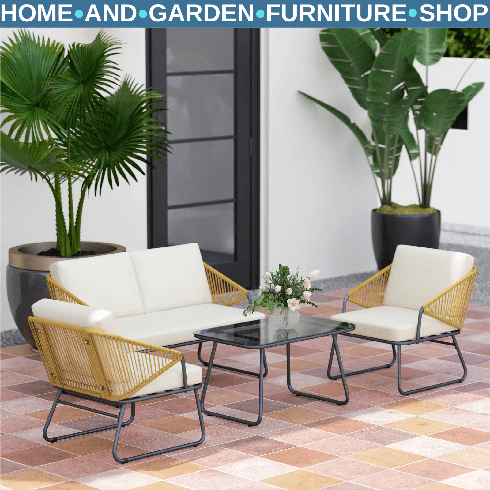 4 Pcs Rattan Garden Furniture Outdoor Wicker Patio Loveseat Armchairs Glass Top - Home and Garden Furniture Shop - #rustic - furniture#